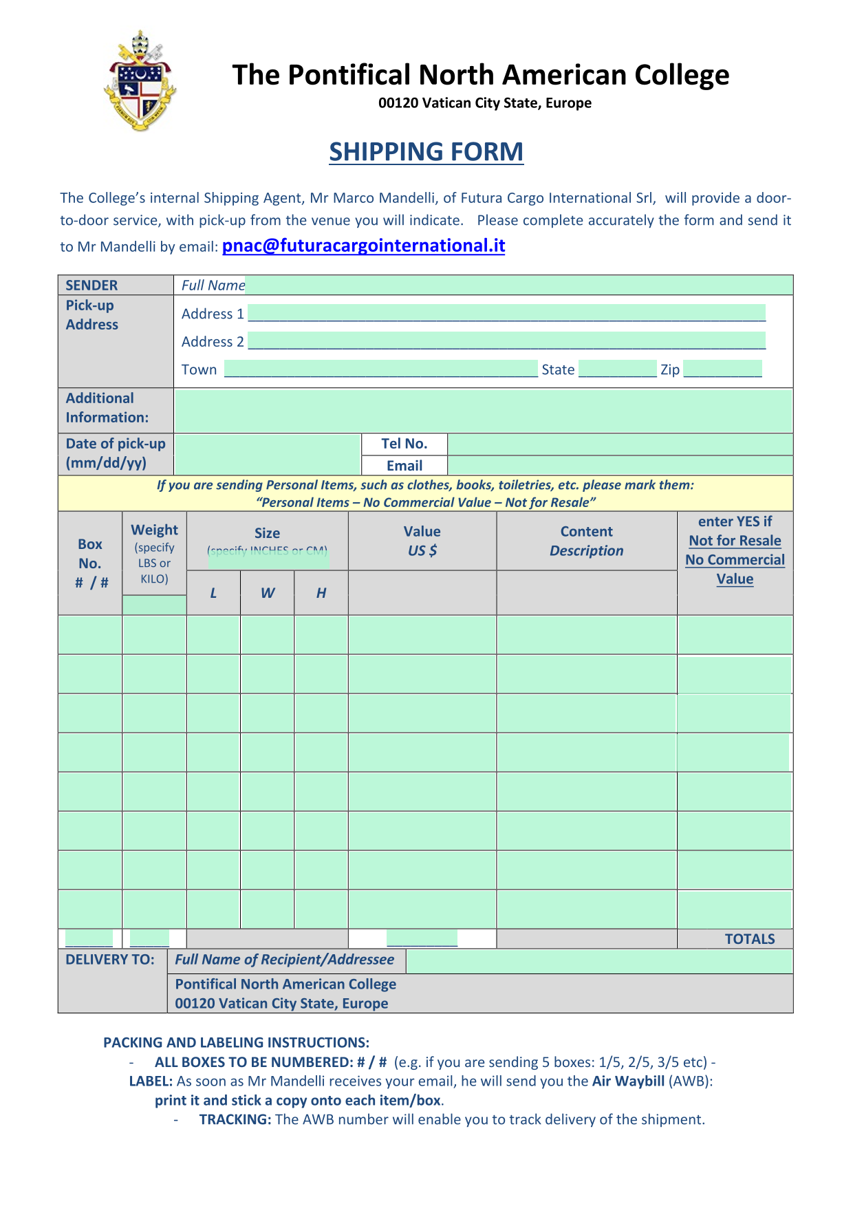 Shipping Form screenshot