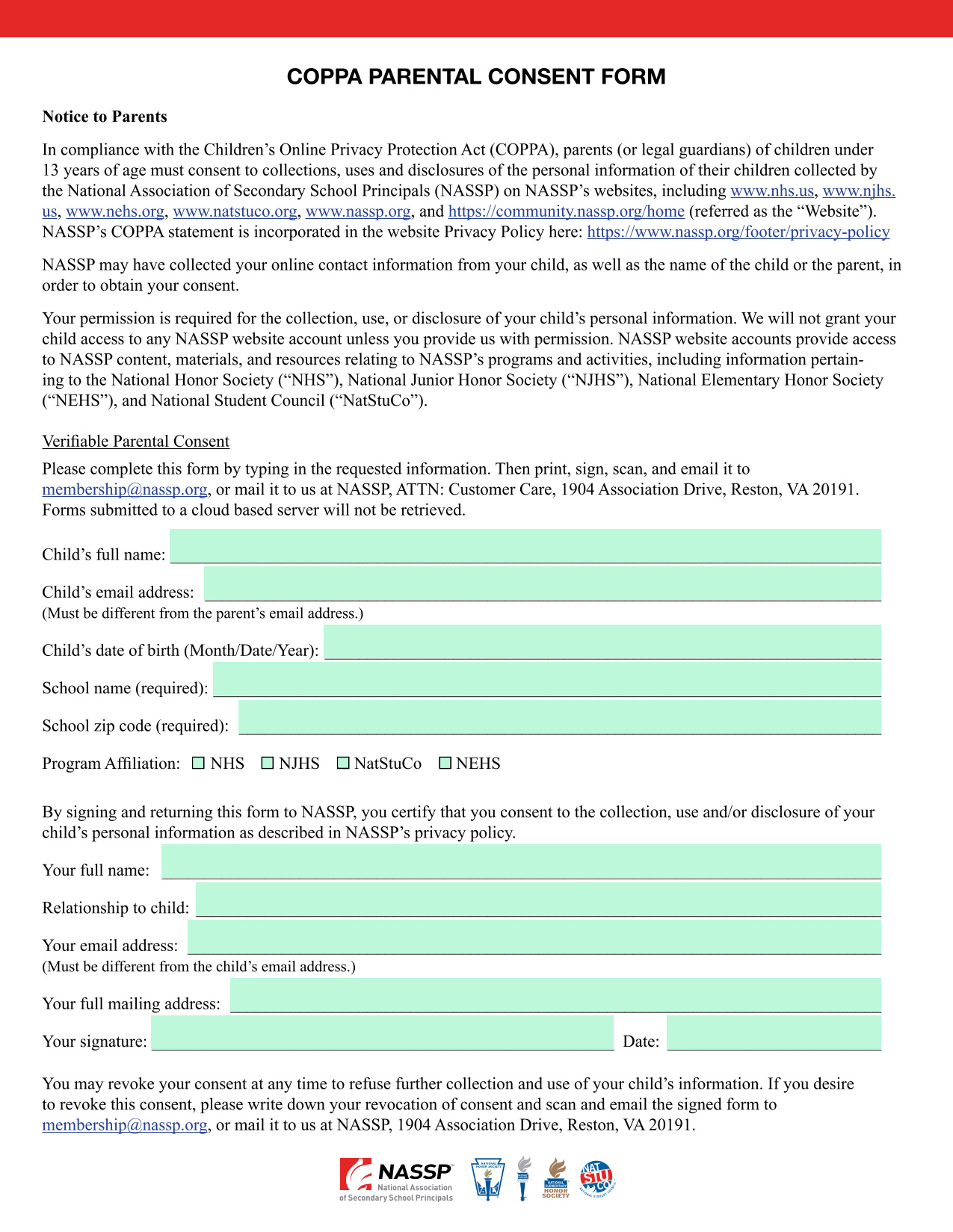 COPPA Parental Consent Form screenshot