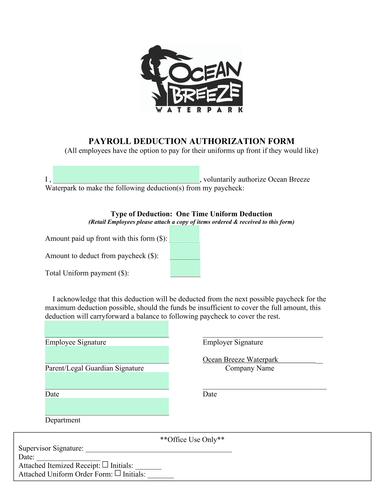 Payroll Deduction Authorization Form screenshot