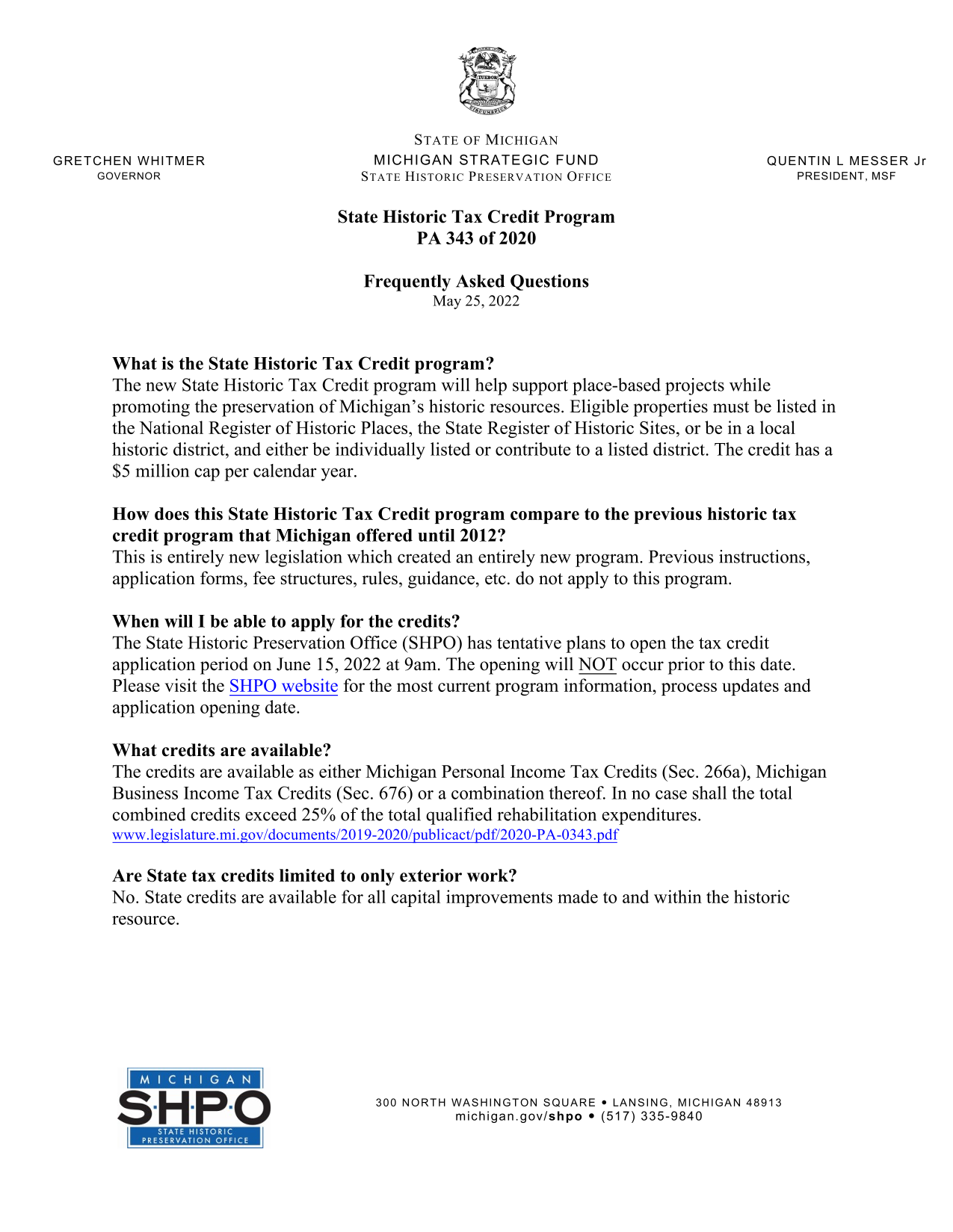 State Historic Tax Credit Program Frequently Asked Questions screenshot
