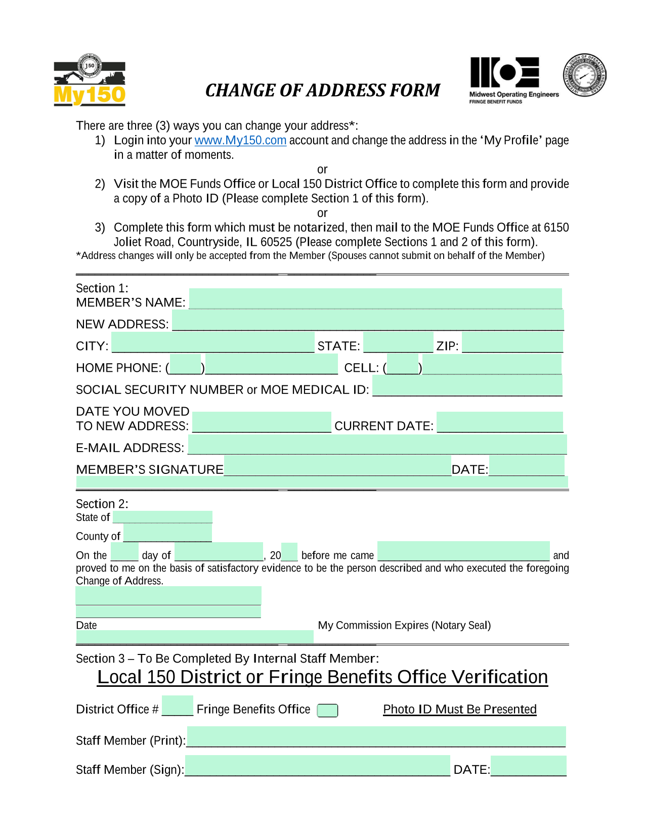 CHANGE OF ADDRESS FORM screenshot
