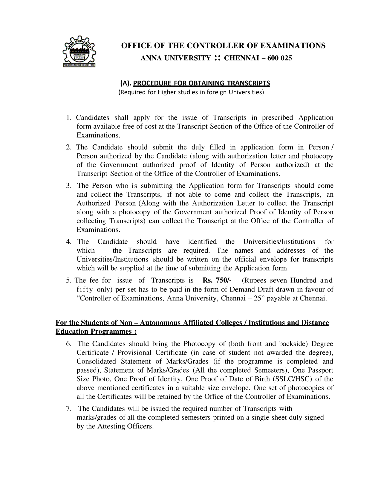 Procedure For Obtaining Transcripts screenshot