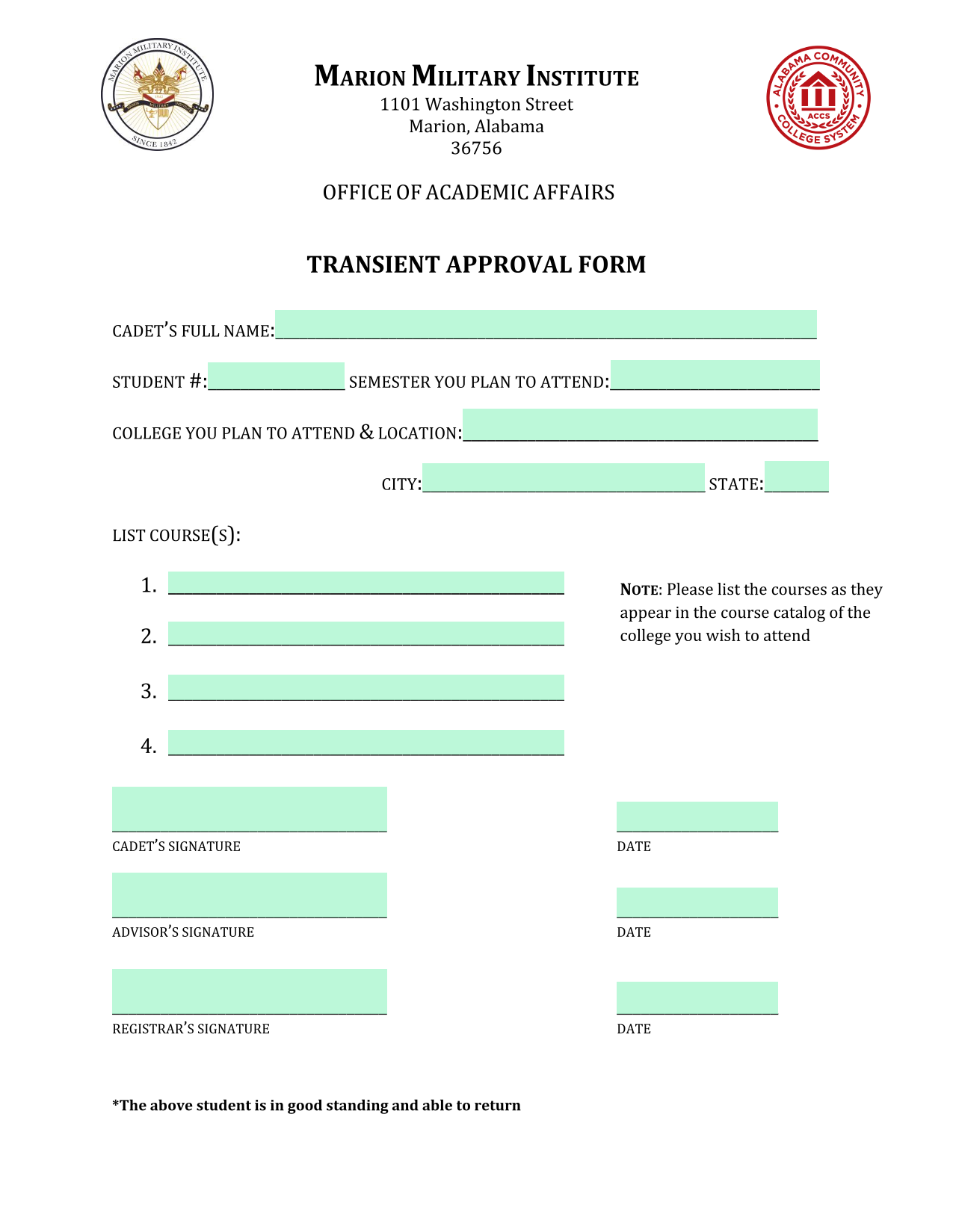 Transient Approval Form screenshot