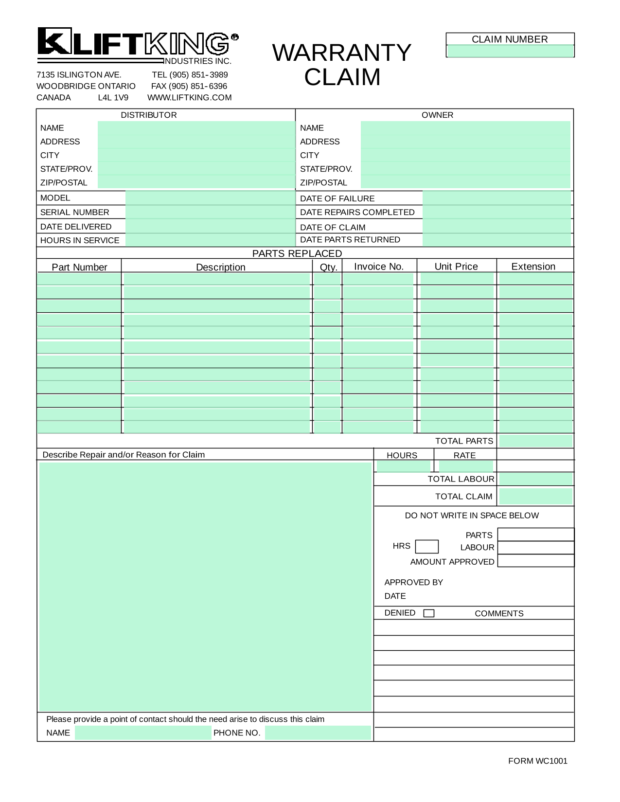 Warranty Claim Form screenshot