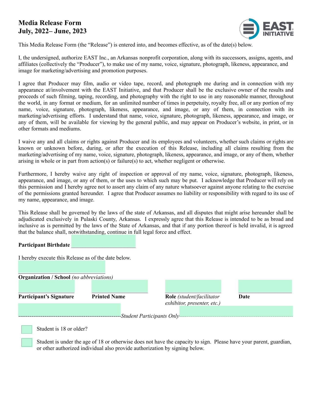 Media Release Form screenshot
