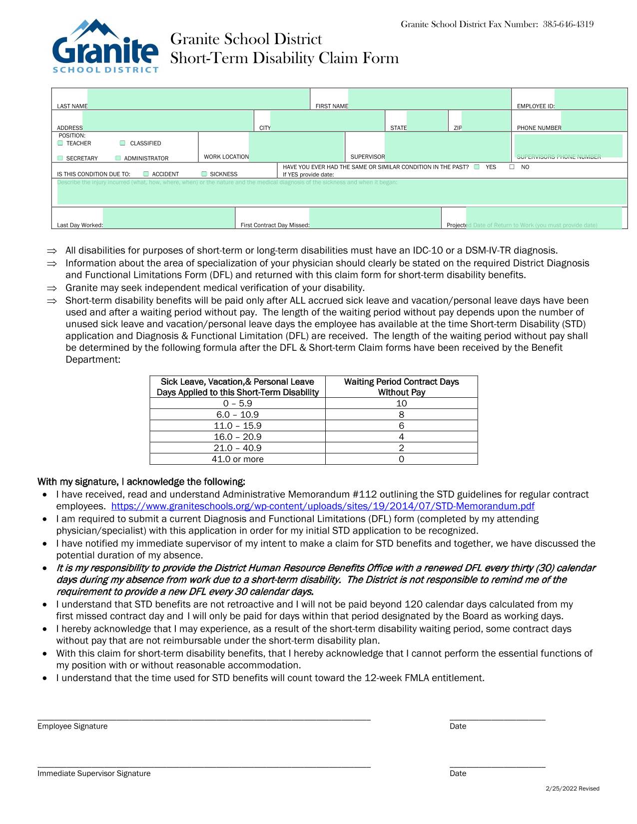 Granite School District Short Term Disability Claim Form screenshot