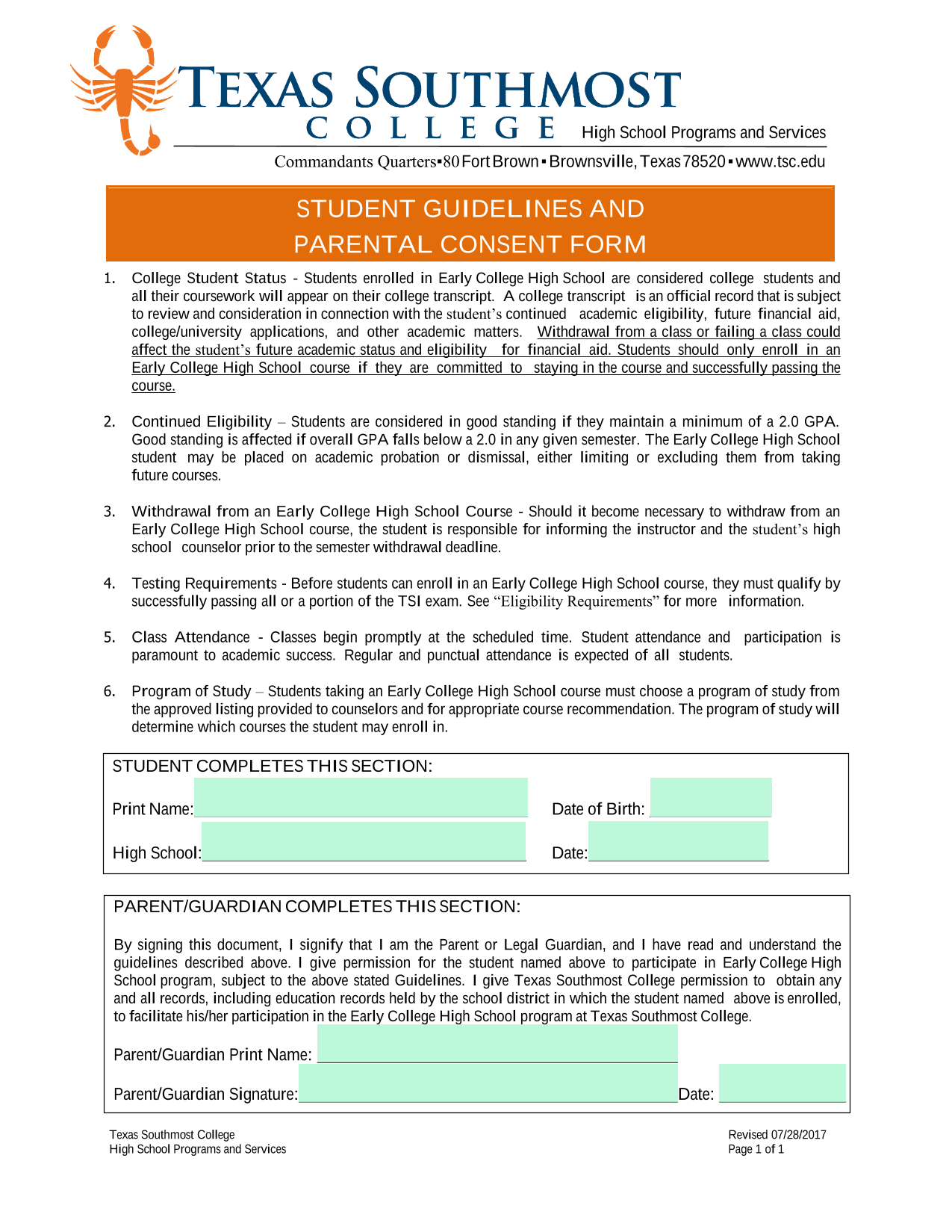 Student Guidelines And Parental Consent Form screenshot