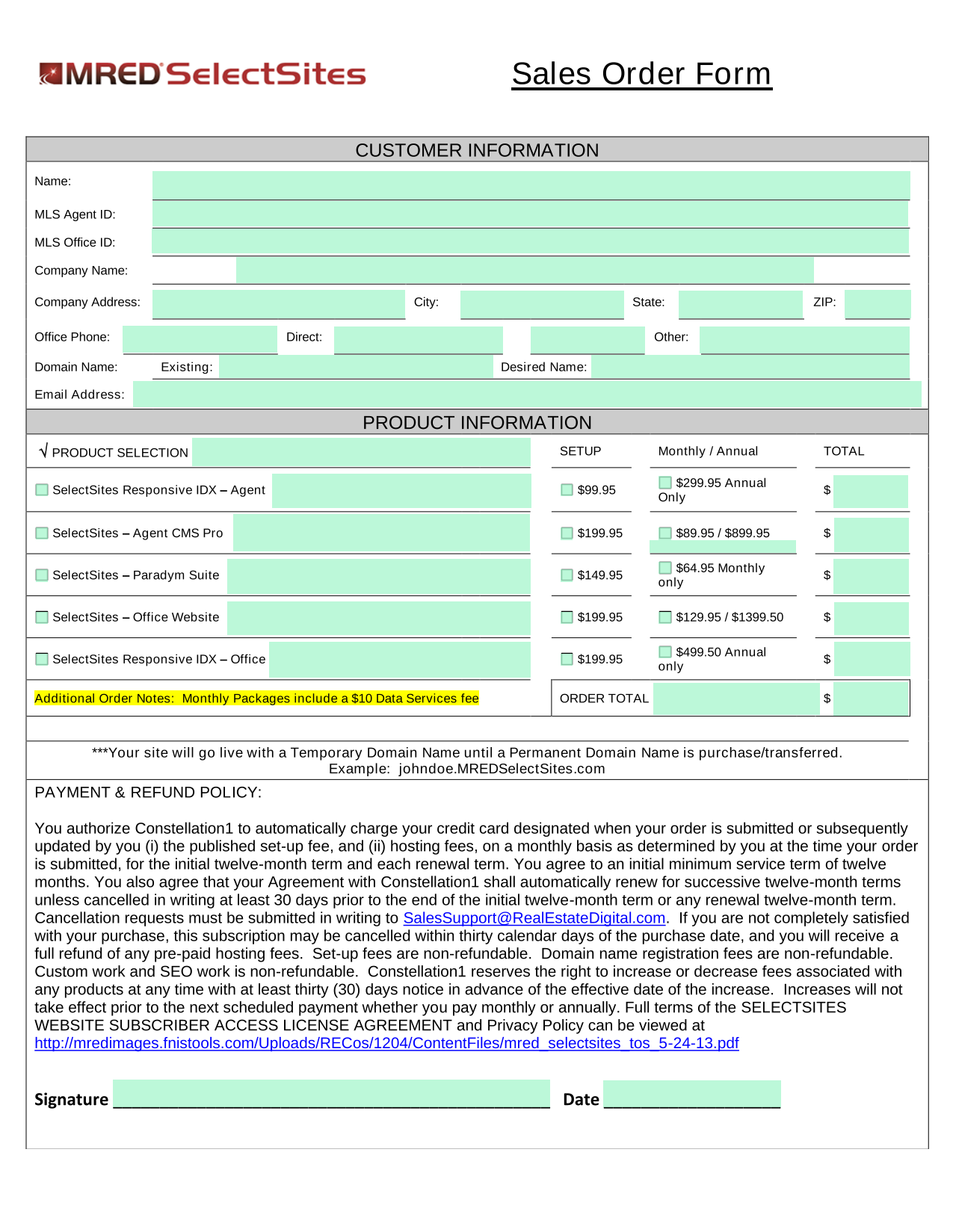 Sales Order Form screenshot
