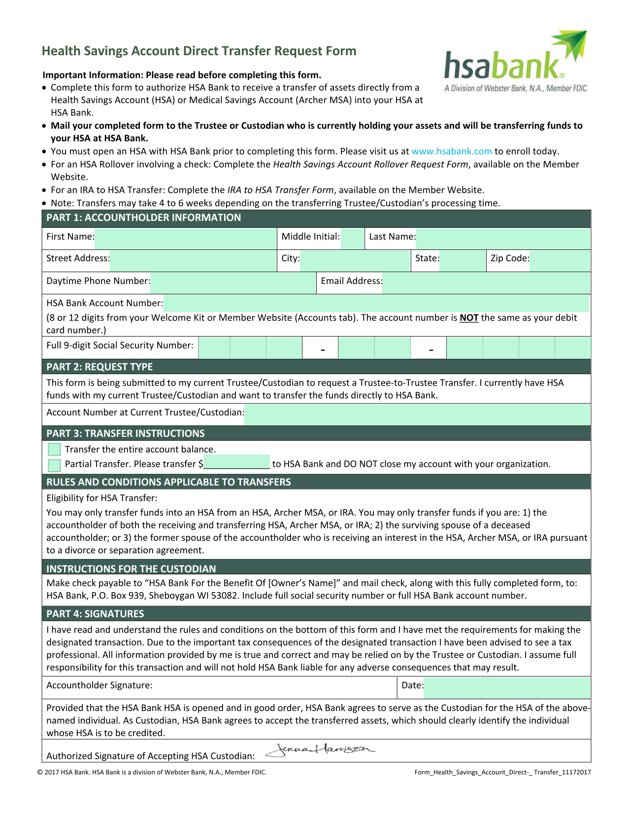 Health Savings Account Direct Transfer Request Form screenshot