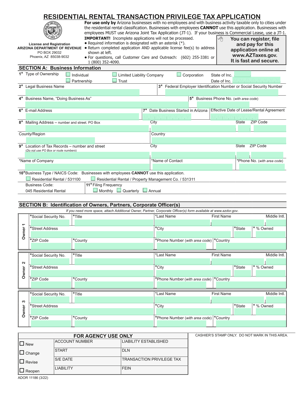 Arizona Department Of Revenue Business Registration Form screenshot