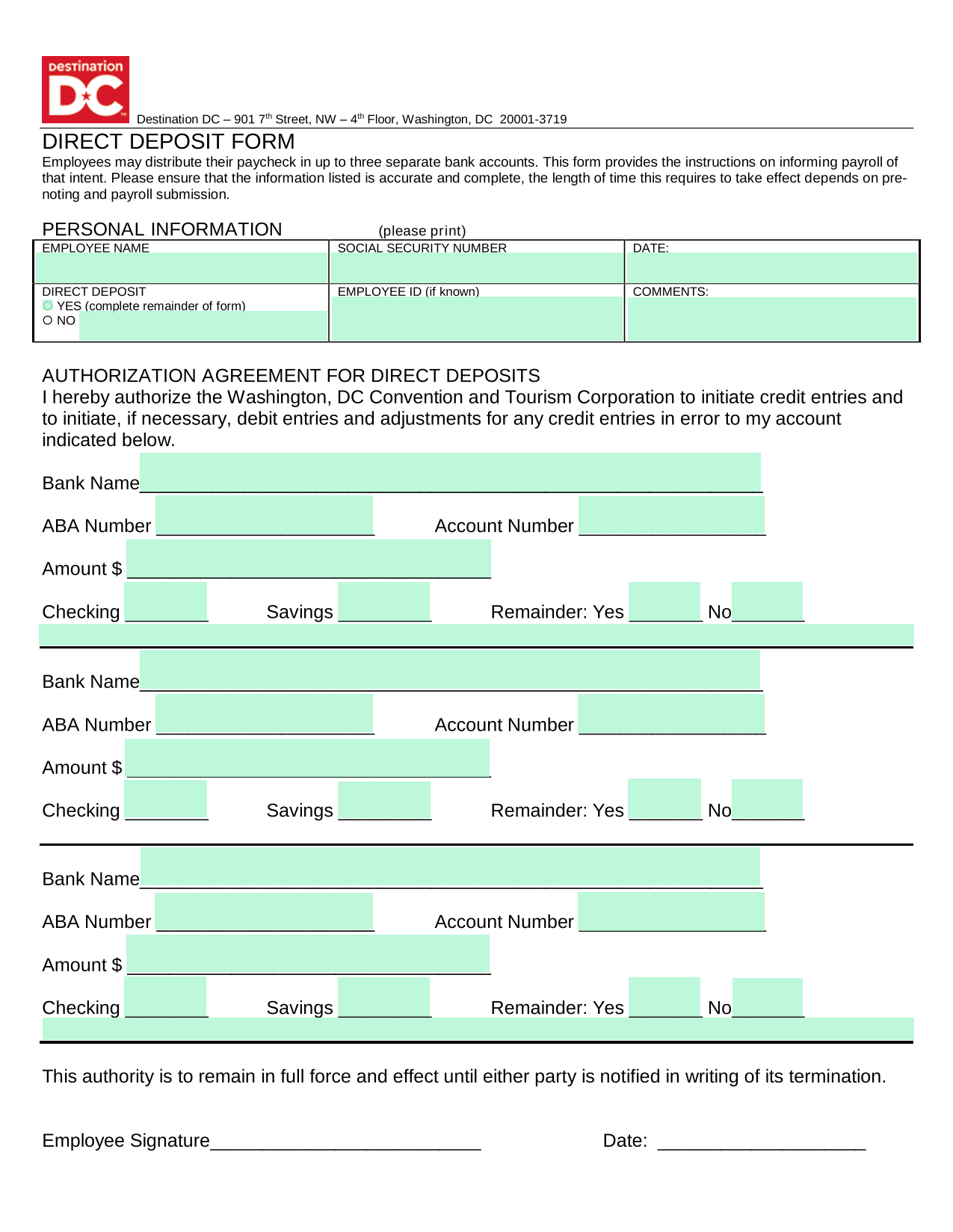 DIRECT DEPOSIT FORM screenshot