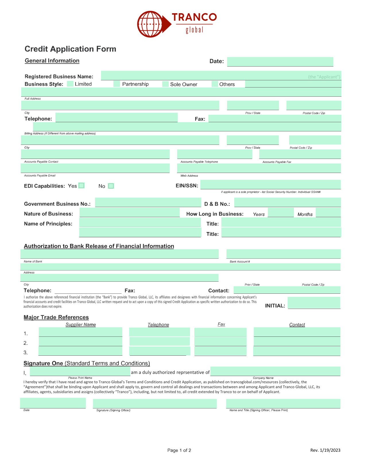 Credit Application Form screenshot