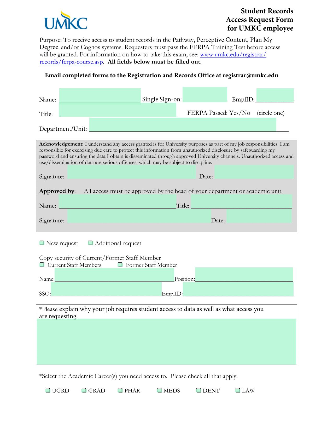 Student Records Access Request Form screenshot