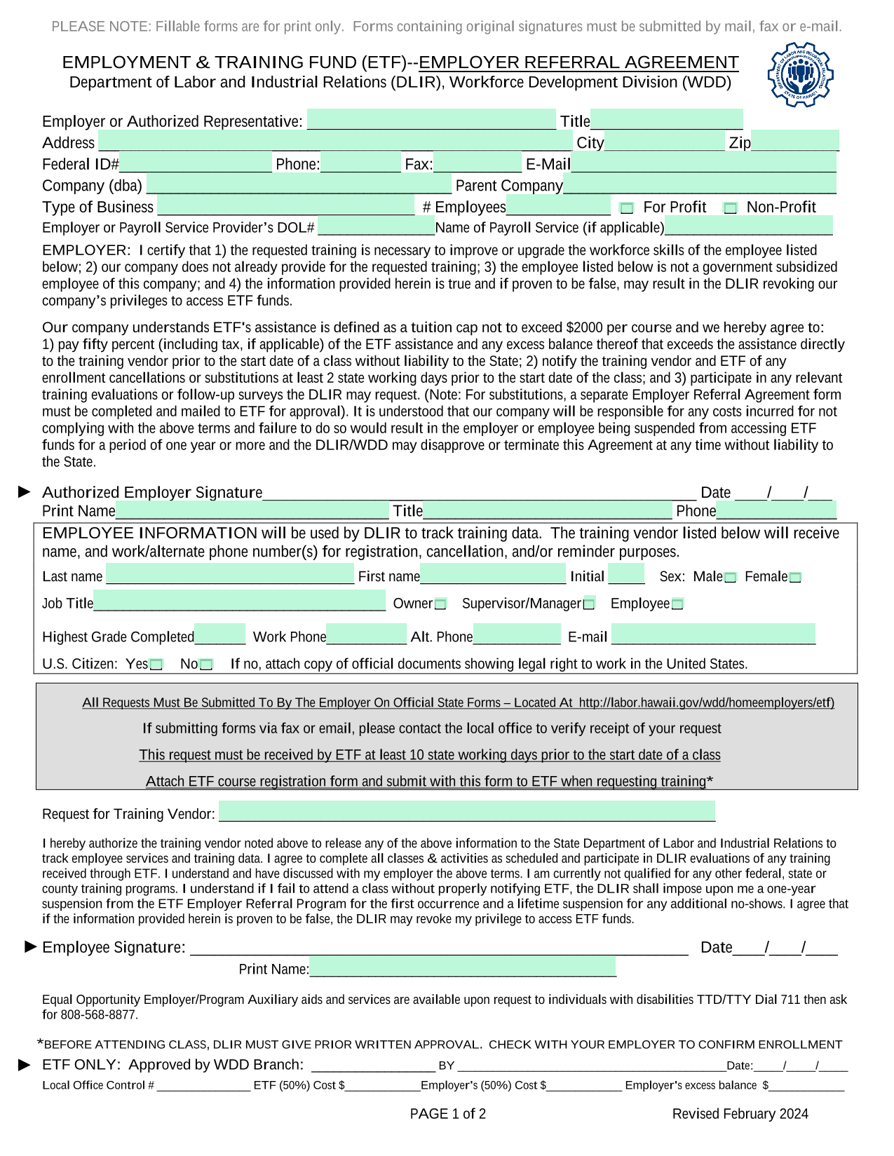 Employment  Training Fund (ETF)  Employer Referral Agreement screenshot