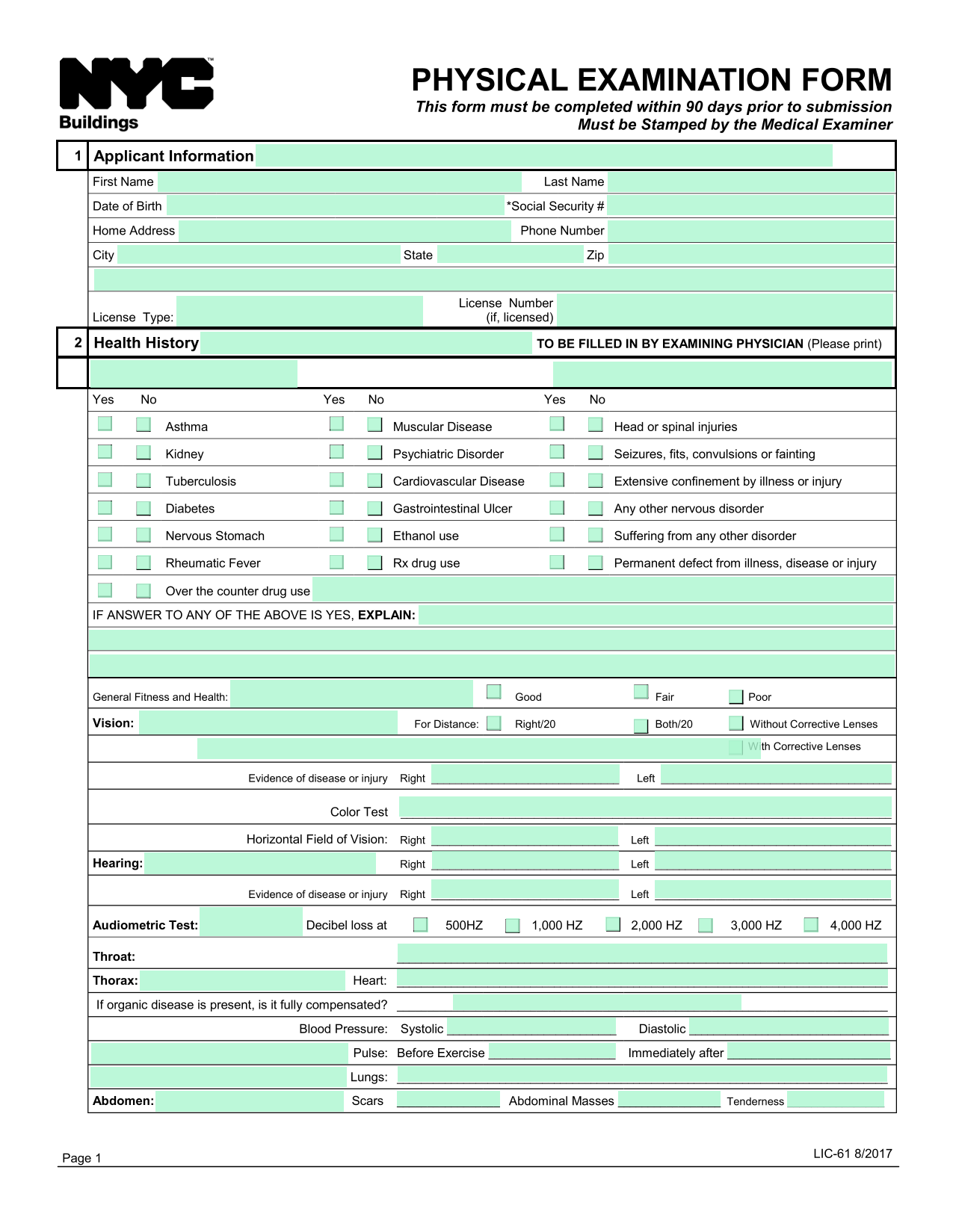 PHYSICAL EXAMINATION FORM screenshot