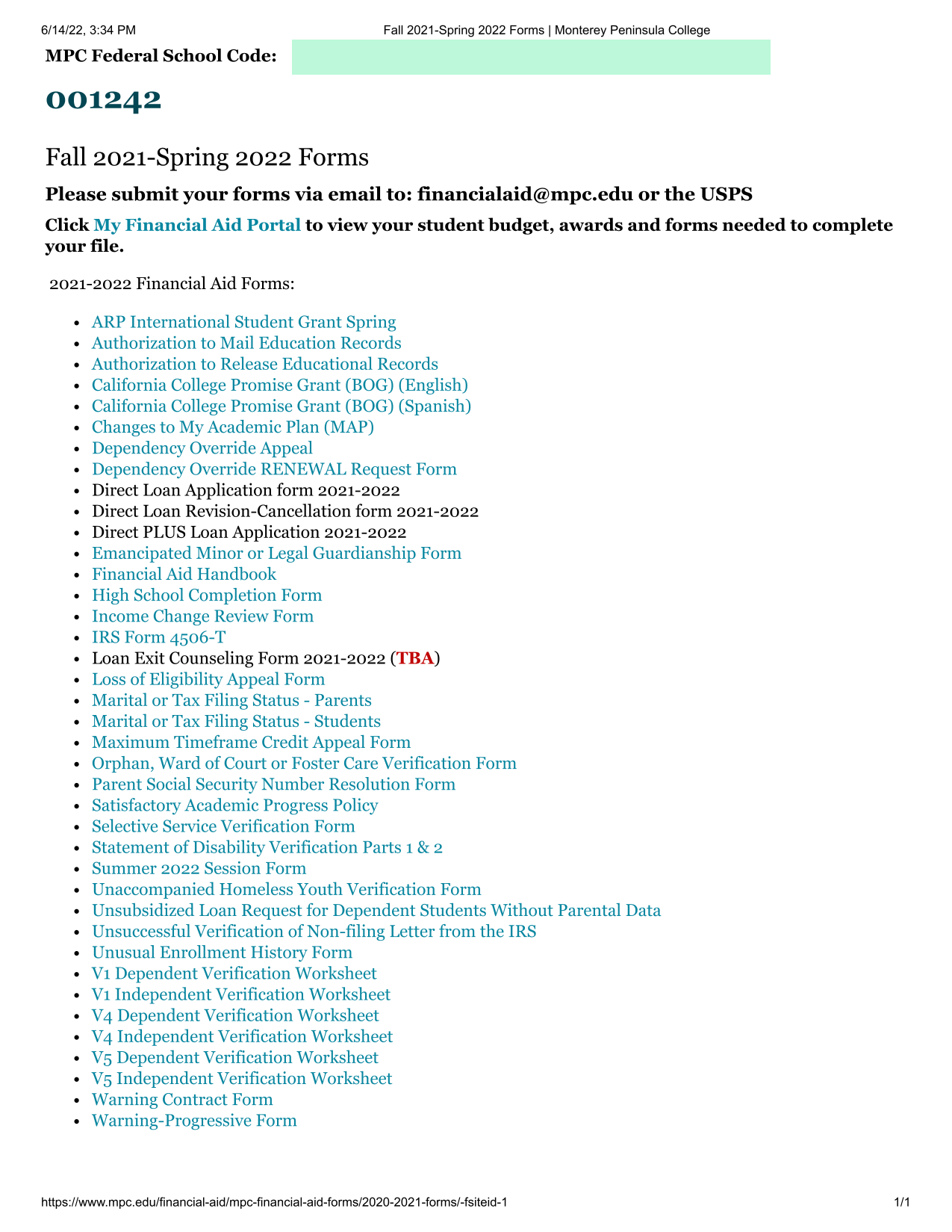 Fall 2021 Spring 2022 Forms screenshot