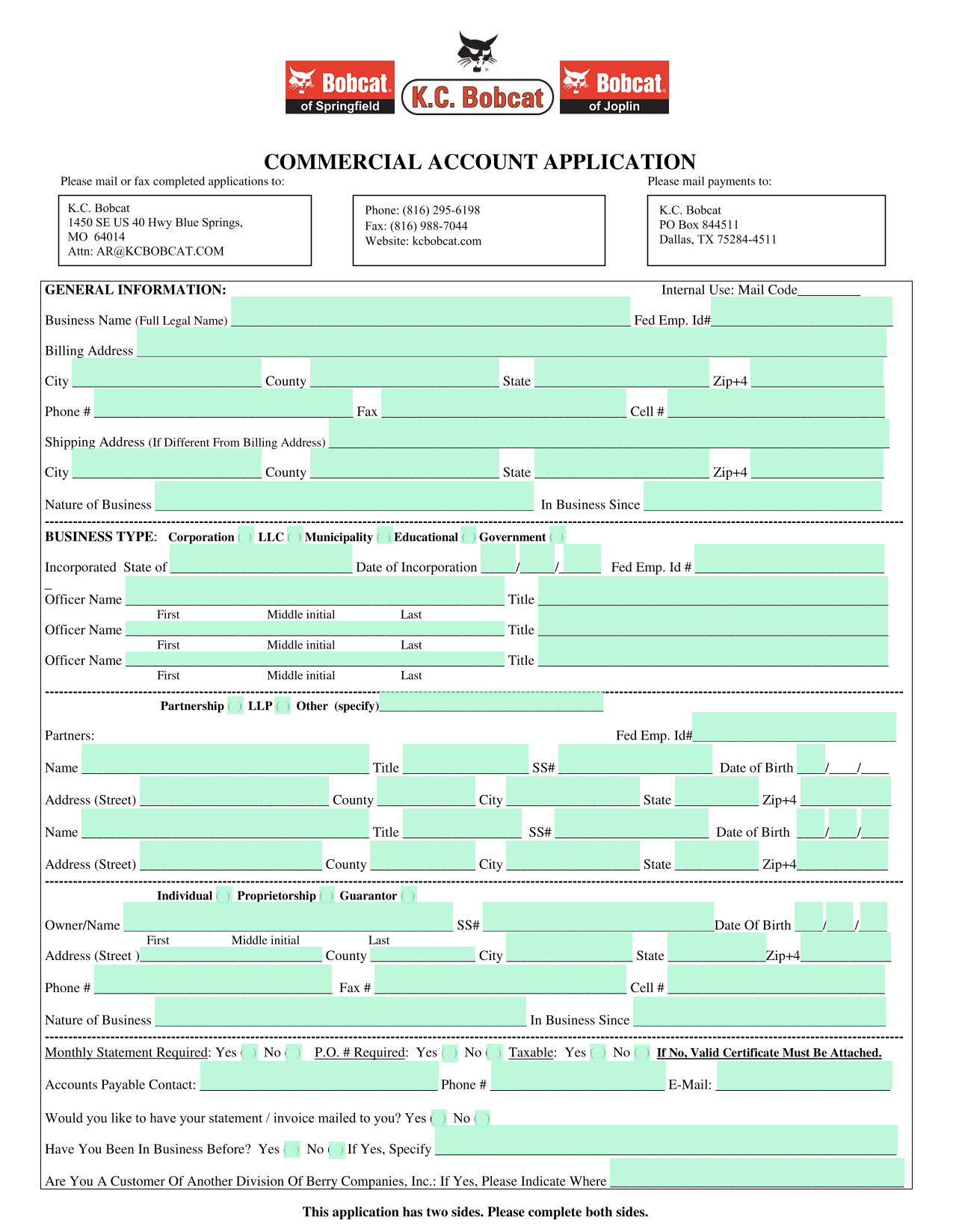 Commercial Account Application screenshot