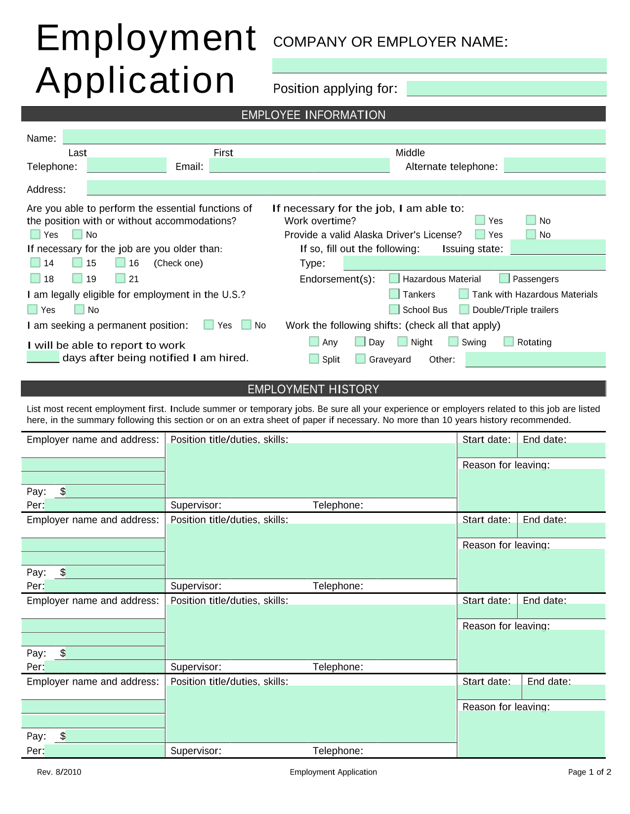Employment Application screenshot