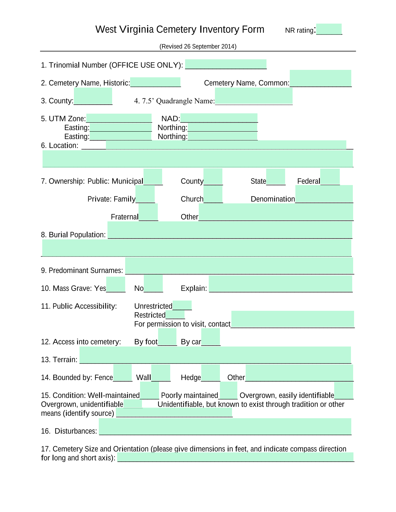 West Virginia Cemetery Inventory Form screenshot