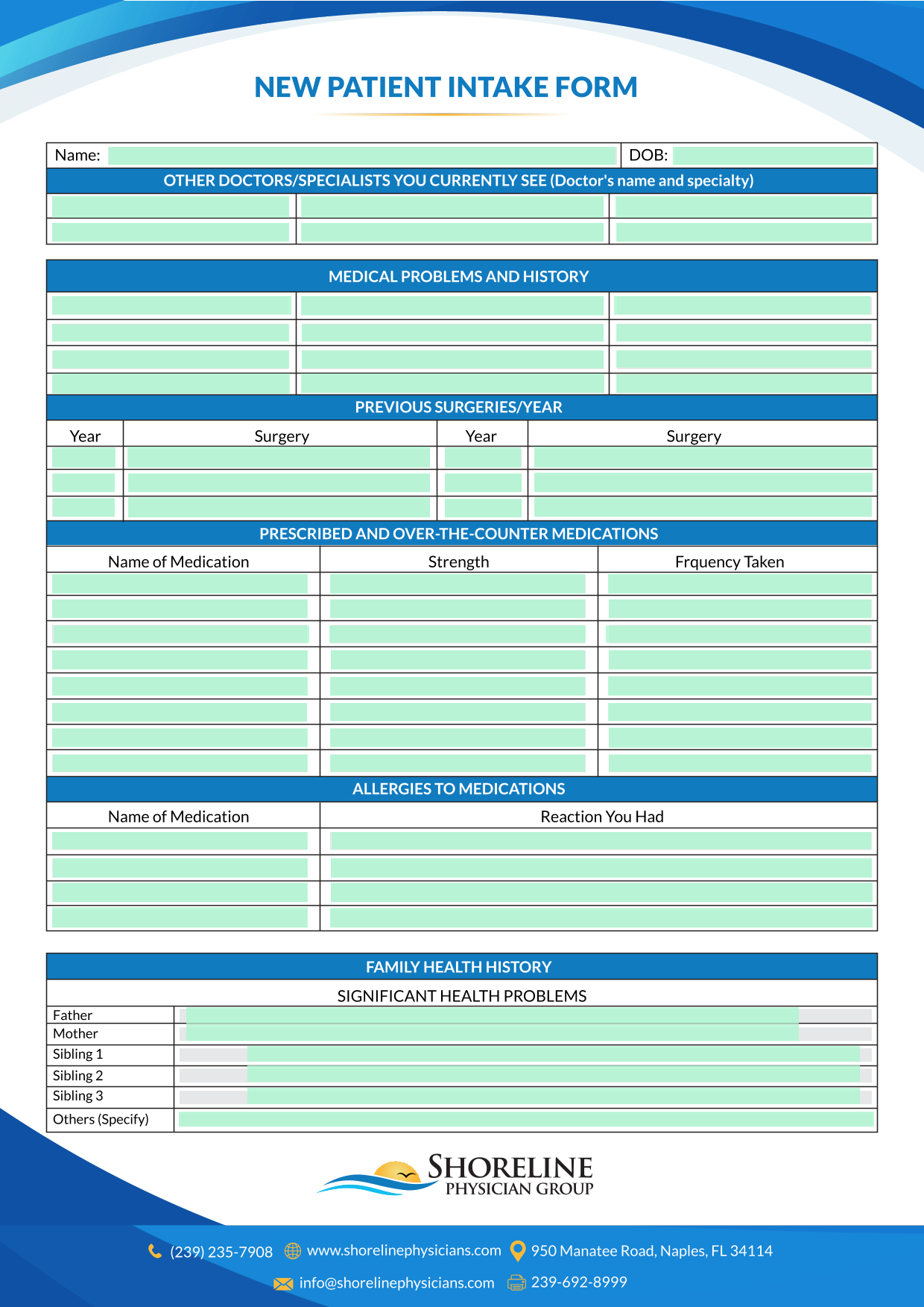 NEW PATIENT INTAKE FORM screenshot