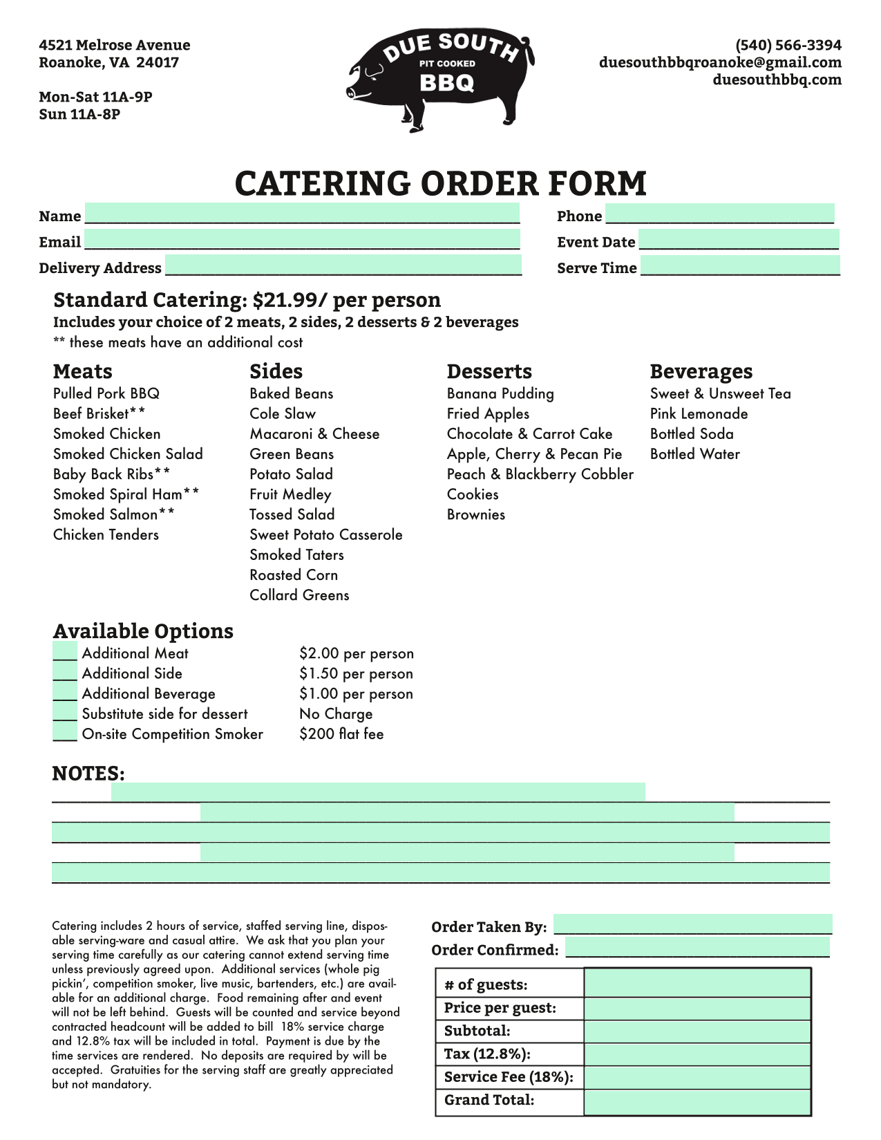 Catering Order Form screenshot