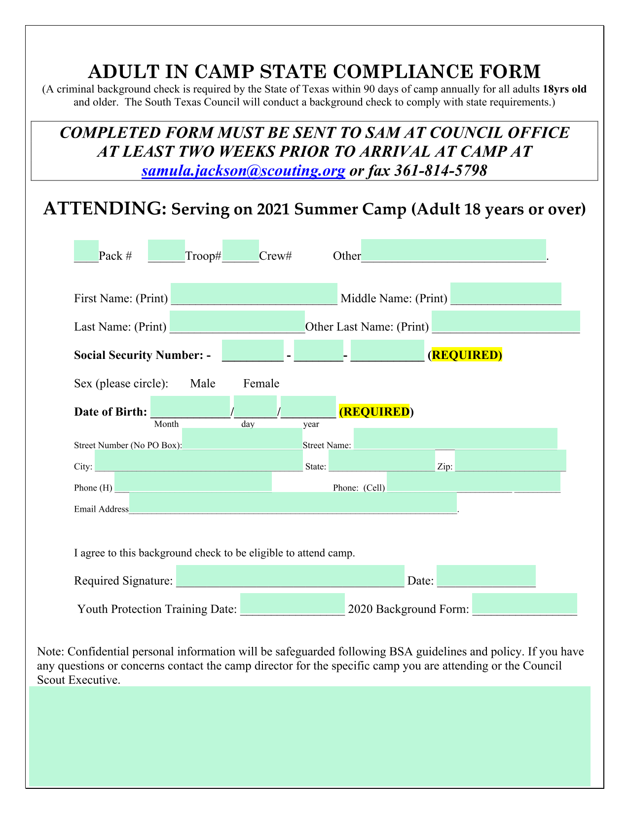 ADULT IN CAMP STATE COMPLIANCE FORM screenshot