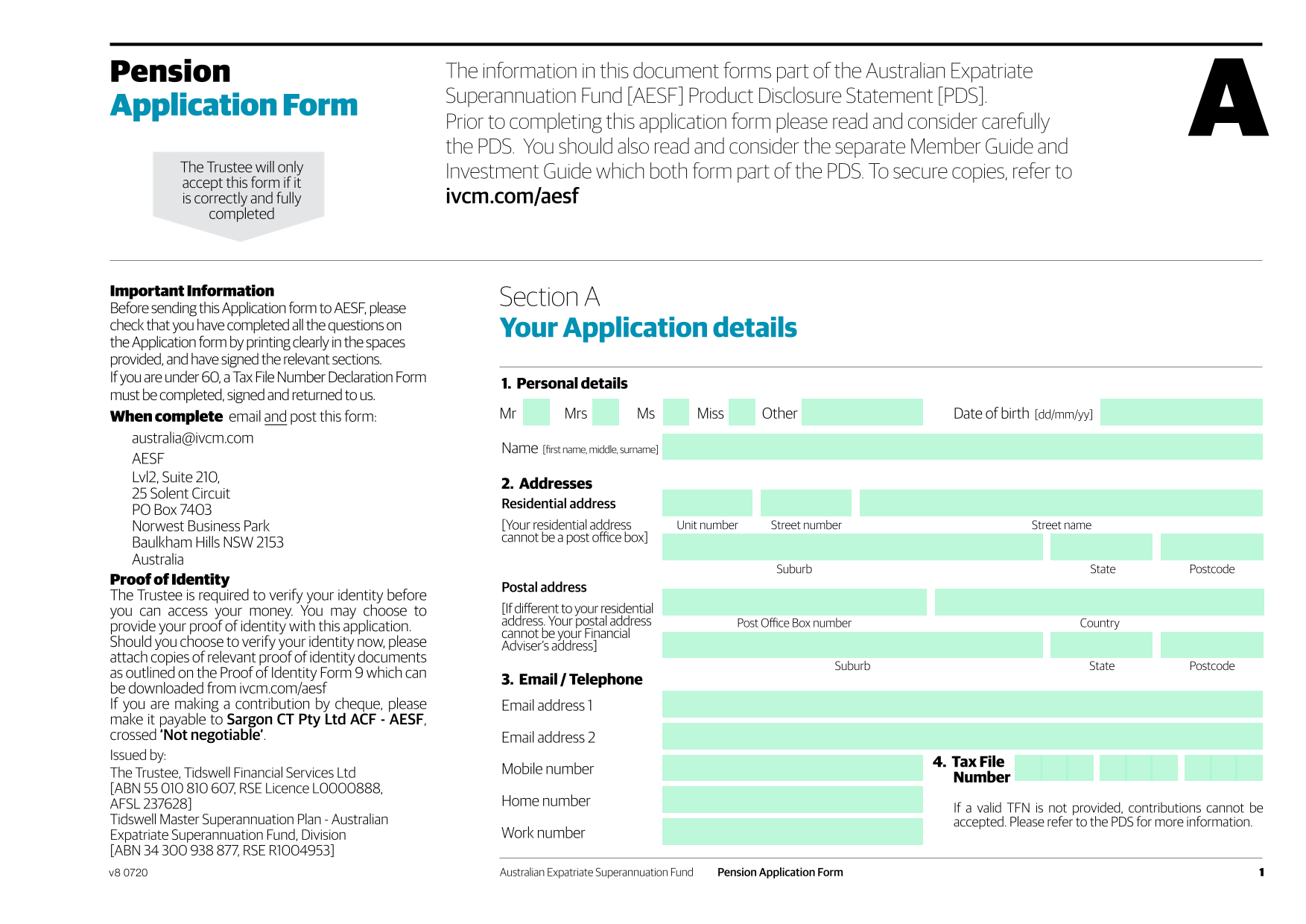 Pension Application Form screenshot