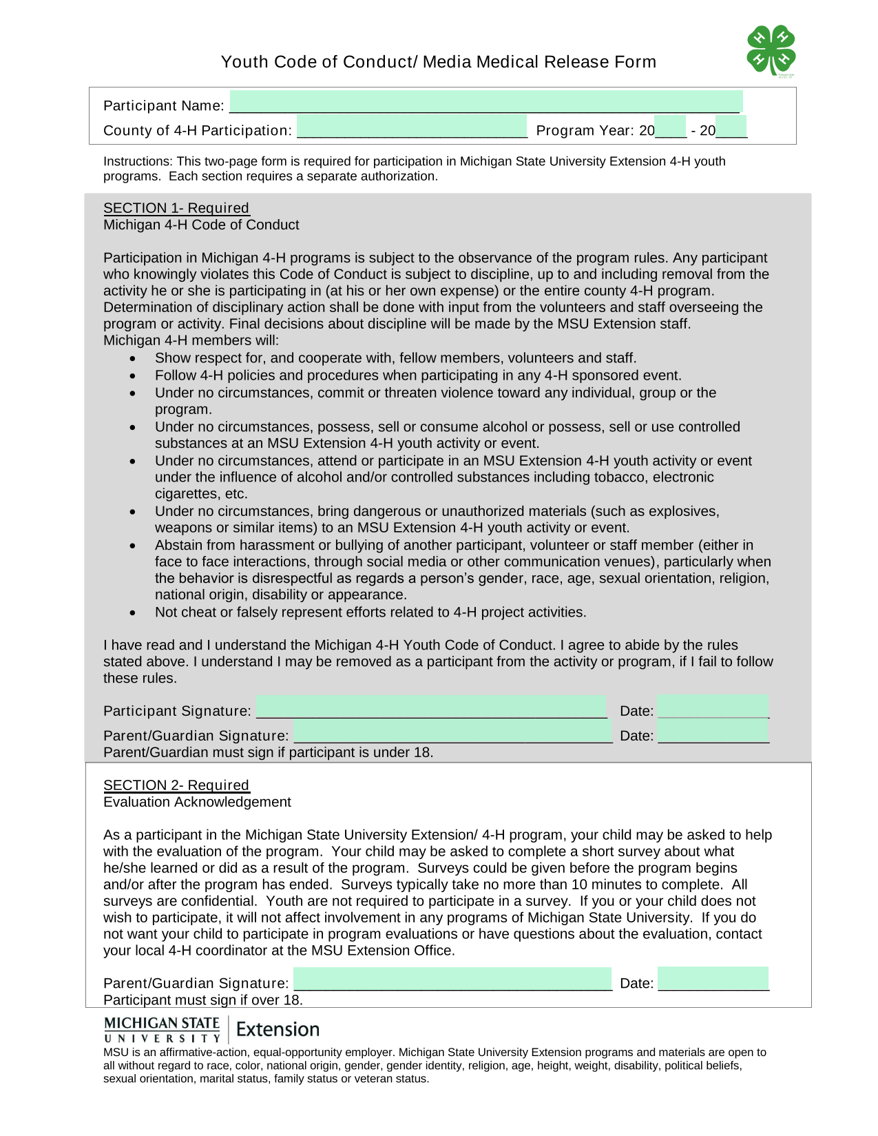 Youth Code Of Conduct Media Medical Release Form screenshot