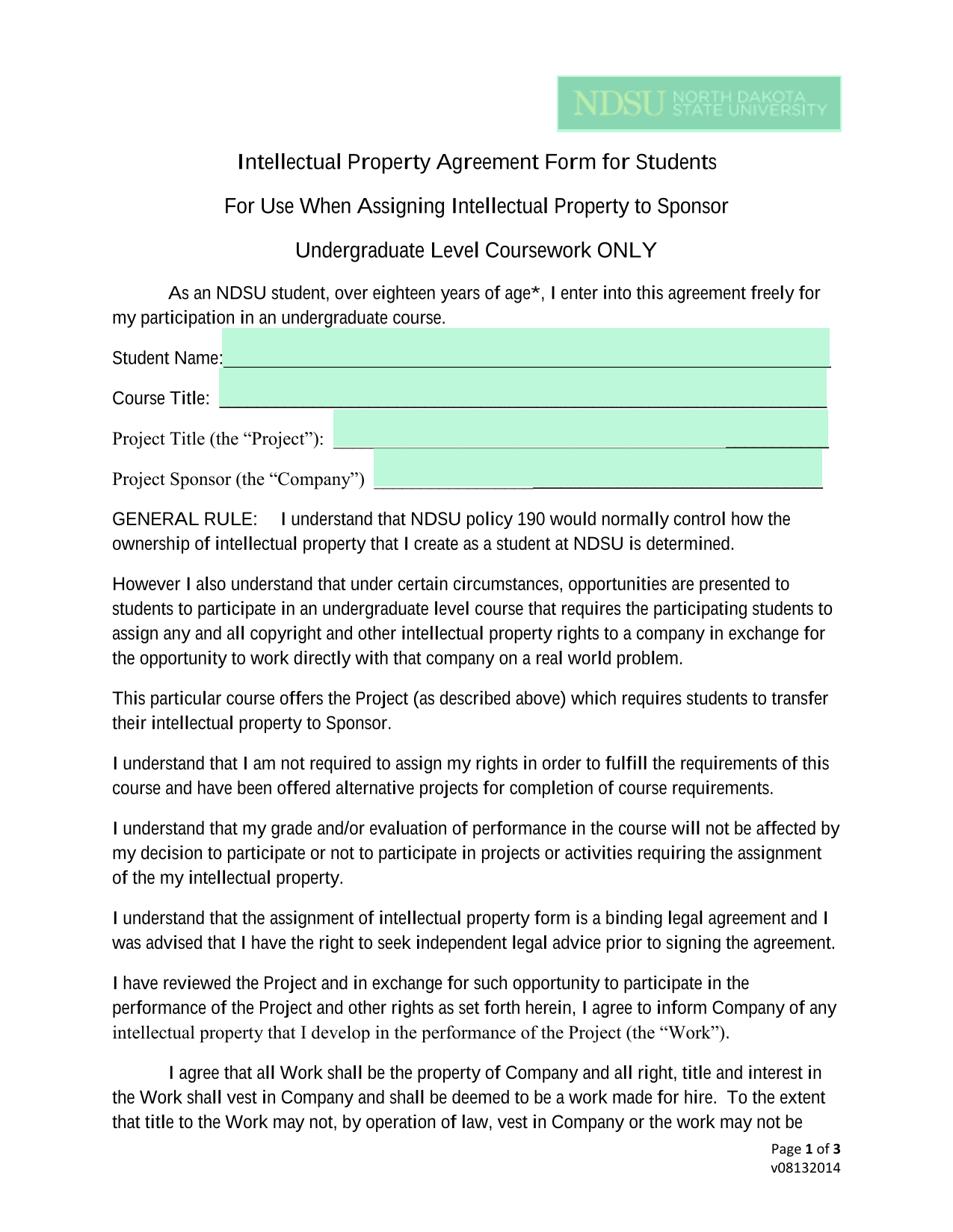 Intellectual Property Agreement Form For Students screenshot