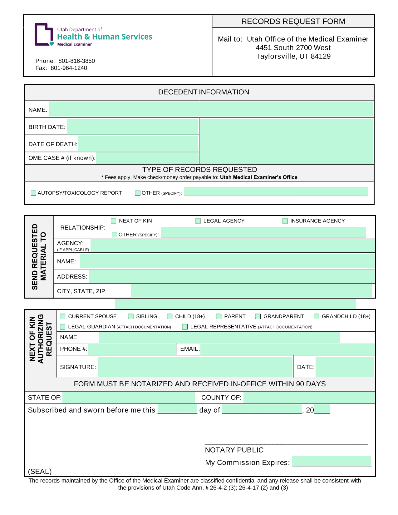 RECORDS REQUEST FORM screenshot