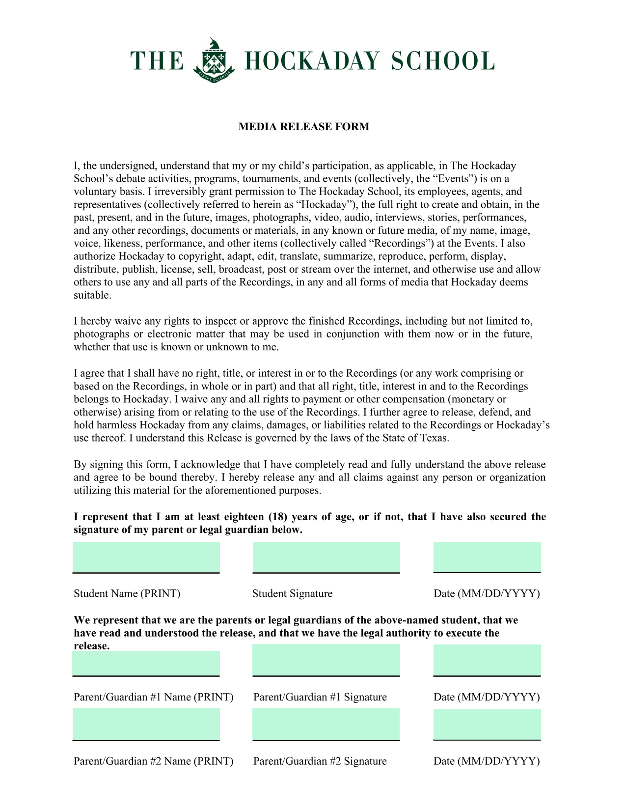 MEDIA RELEASE FORM screenshot