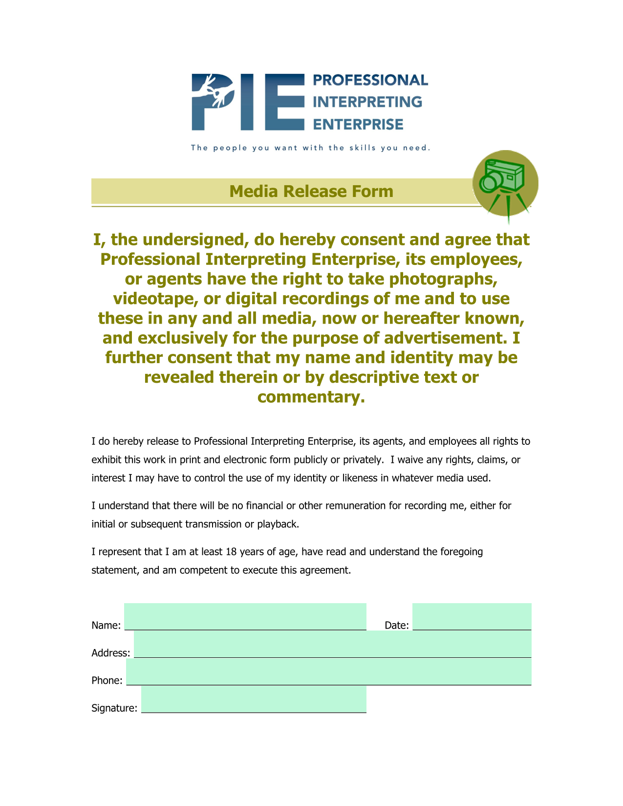 Media Release Form screenshot