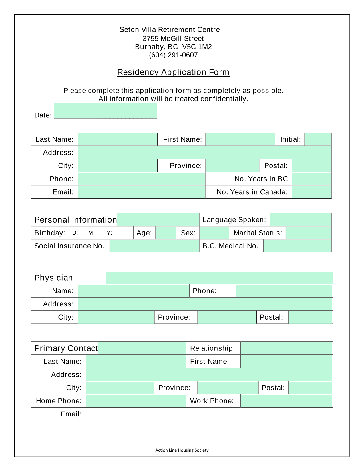 Residency Application Form screenshot