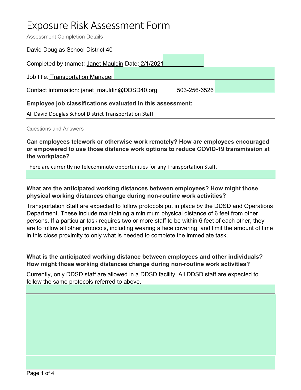 Exposure Risk Assessment Form screenshot