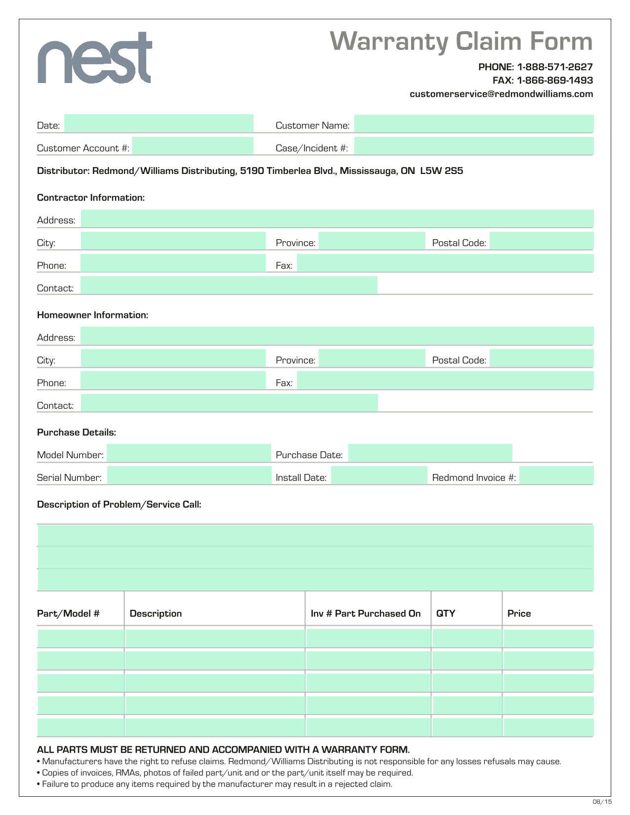 Warranty Claim Form screenshot