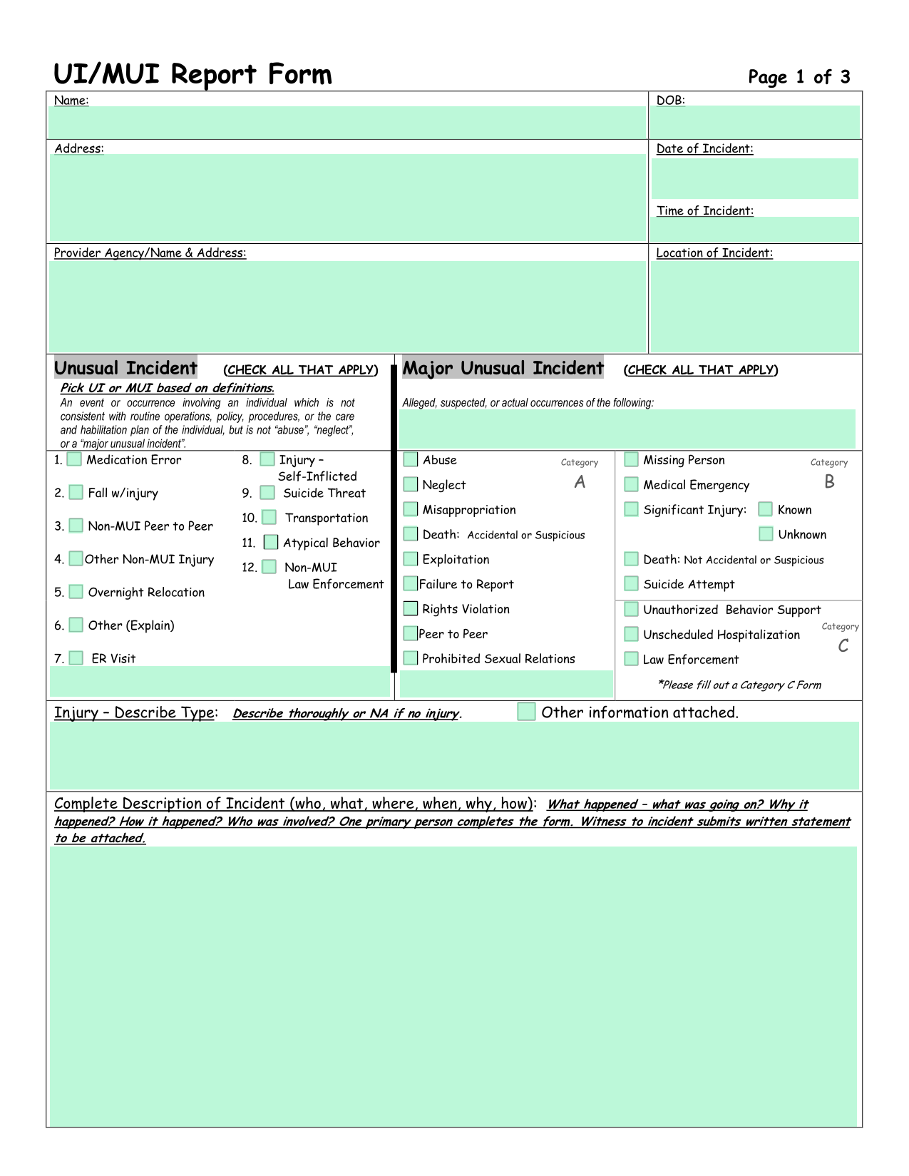 UIMUI Report Form screenshot