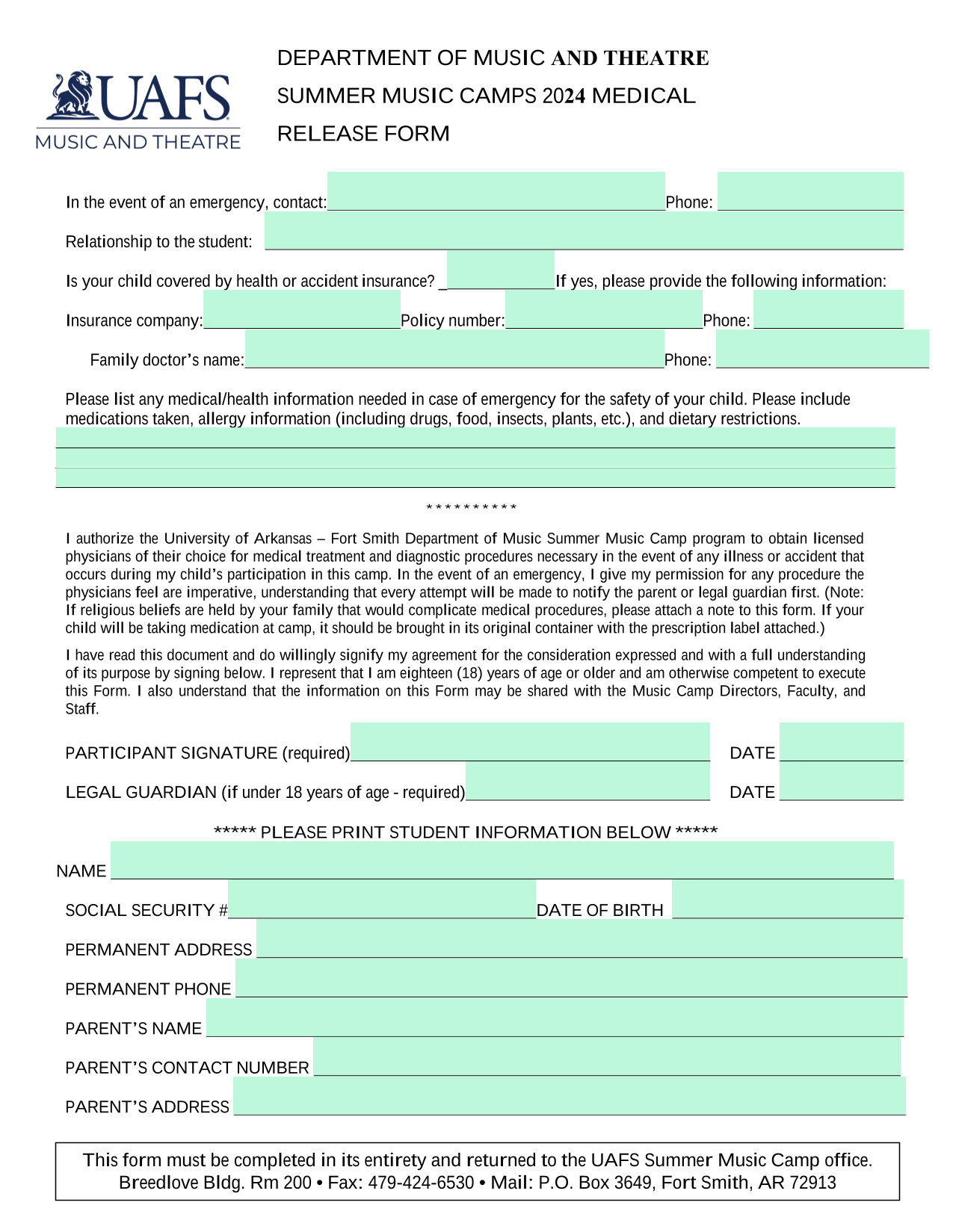 Summer Music Camps 2024 Medical Release Form screenshot