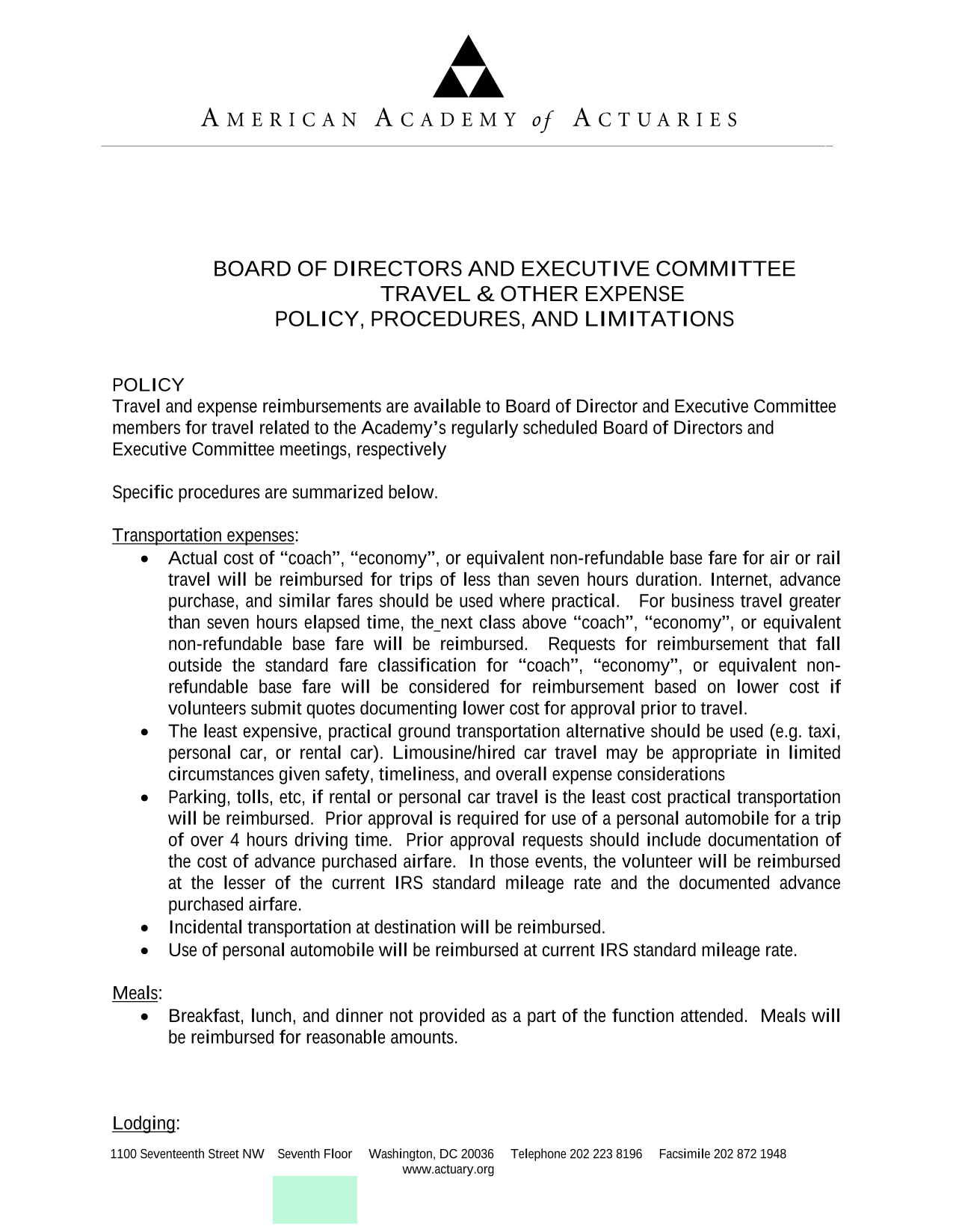 BOARD OF DIRECTORS AND EXECUTIVE COMMITTEE TRAVEL  OTHER EXPENSE POLICY, PROCEDURES, AND LIMITATIONS screenshot