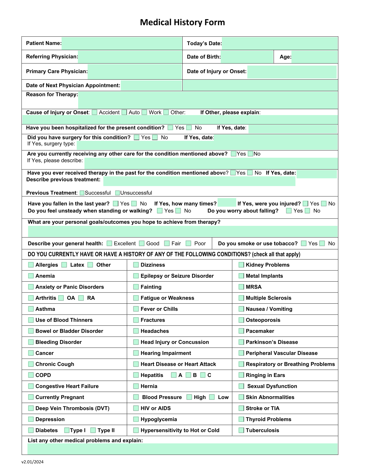 Medical History Form screenshot