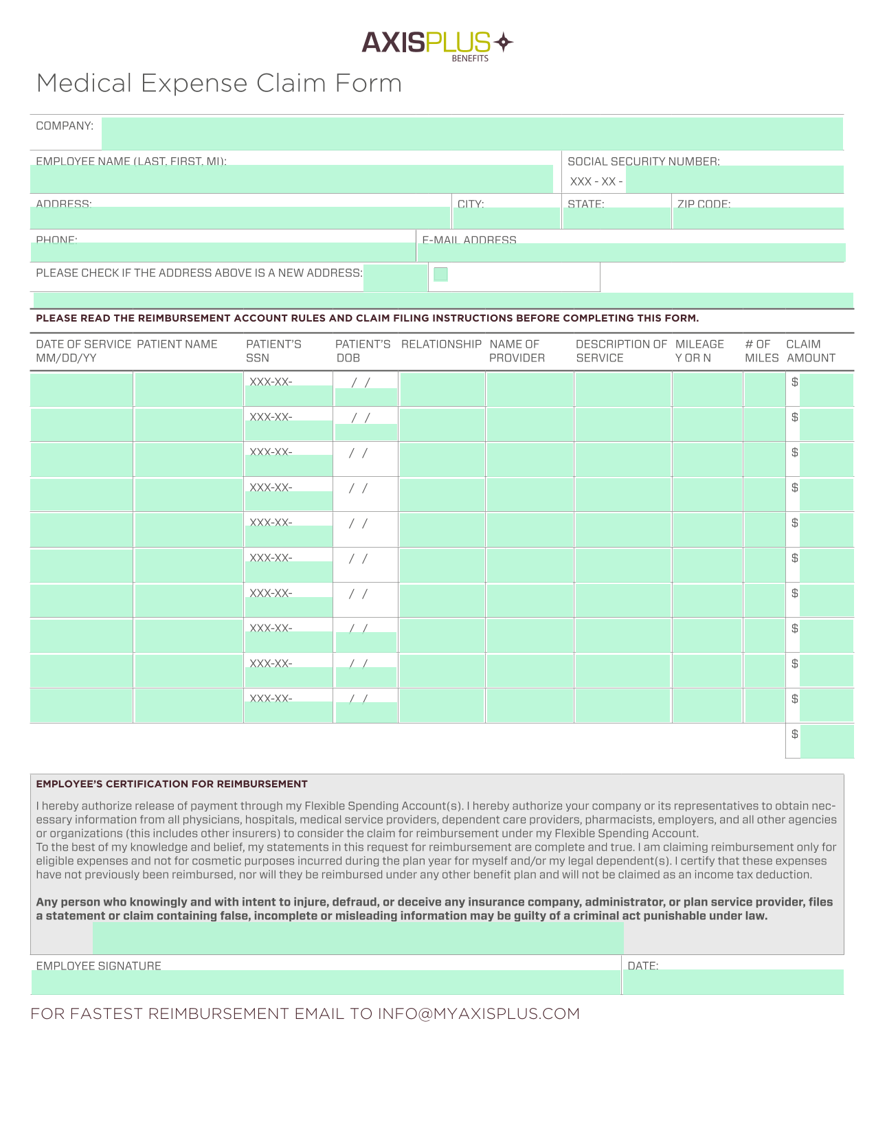 Medical Expense Claim Form screenshot