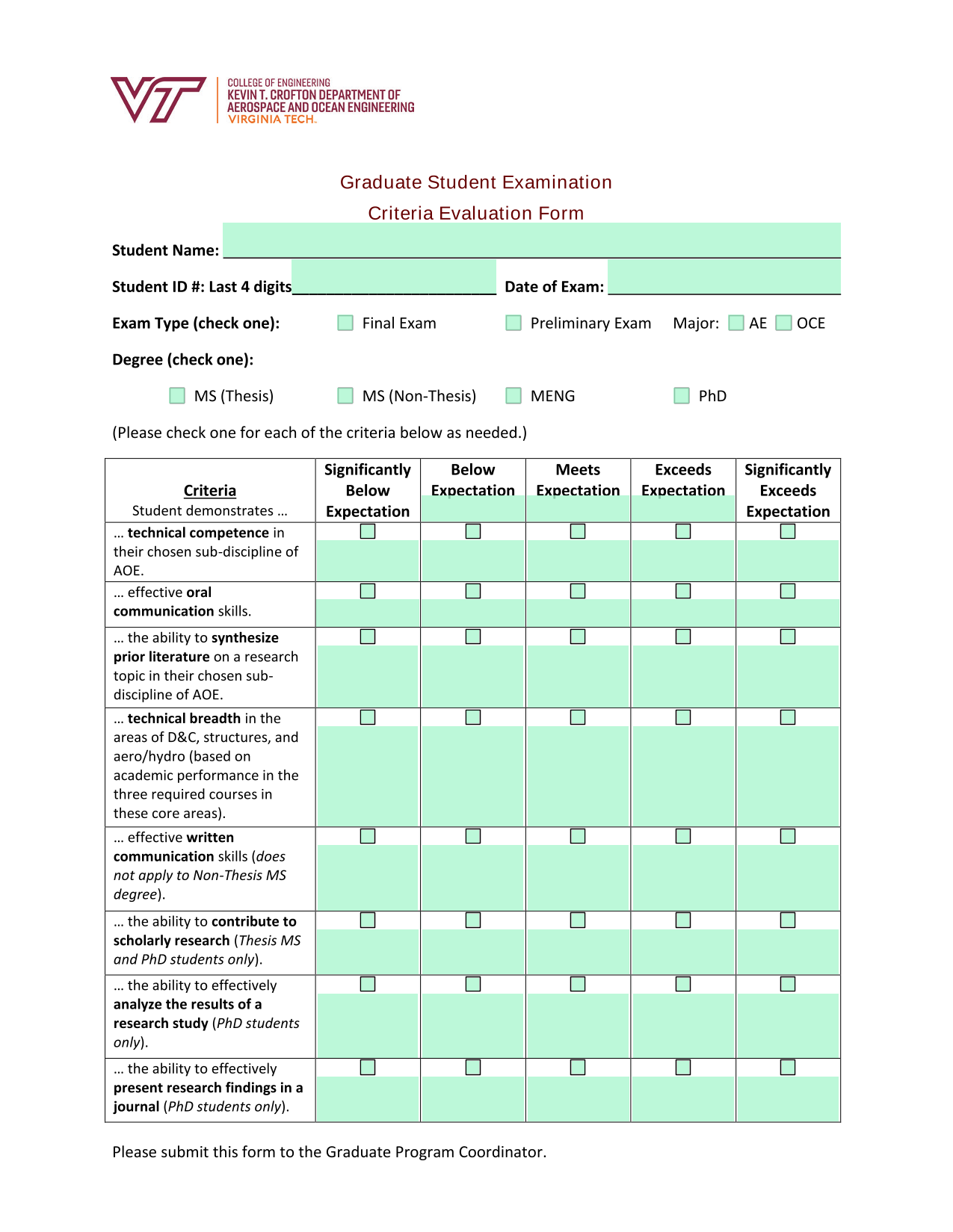 Graduate Student Examination Criteria Evaluation Form screenshot