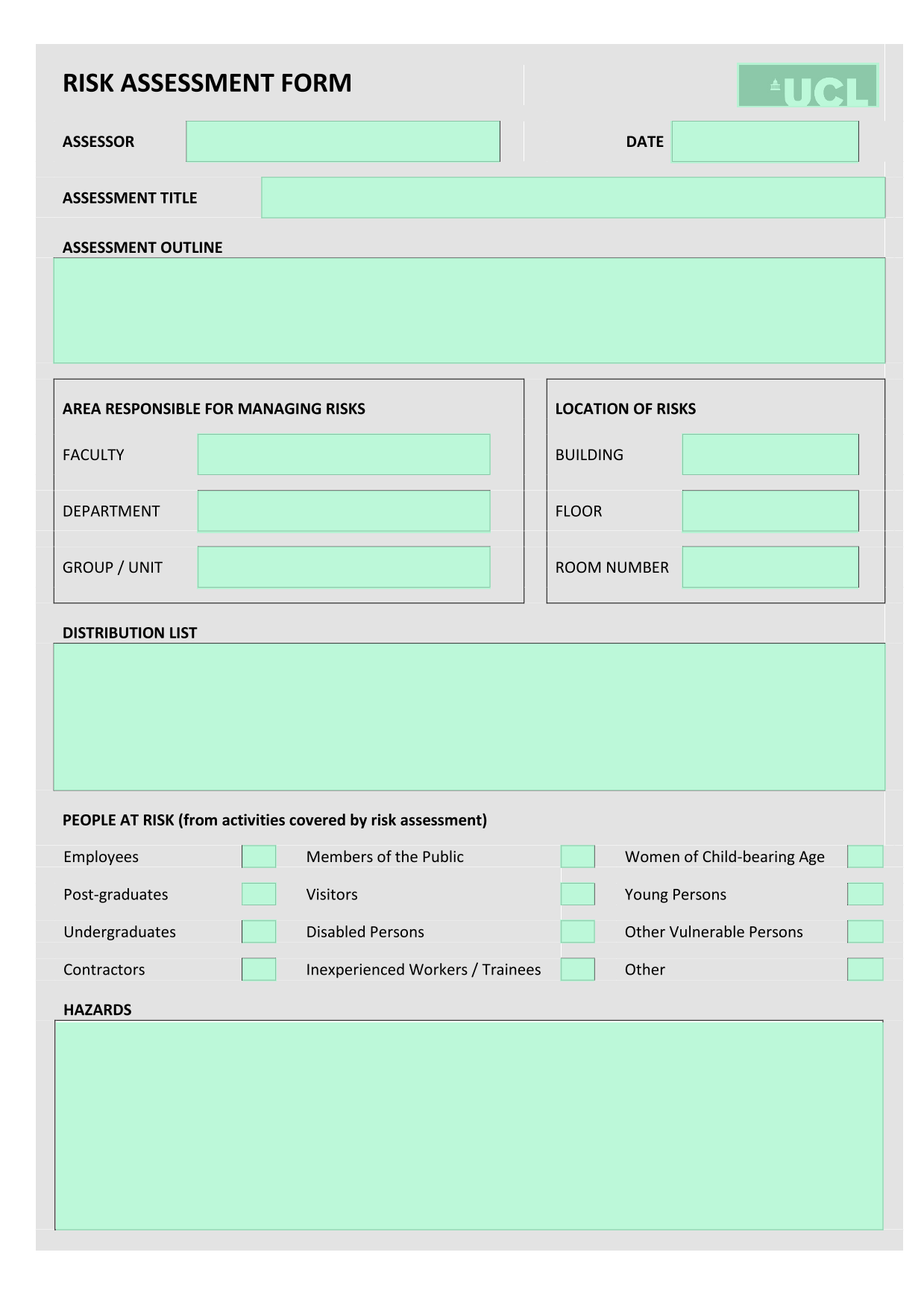 Risk Assessment Form screenshot