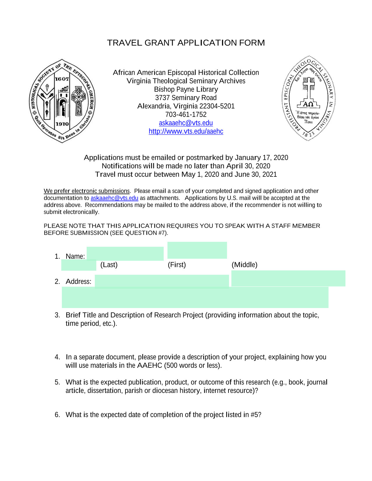 Travel Grant Application Form screenshot