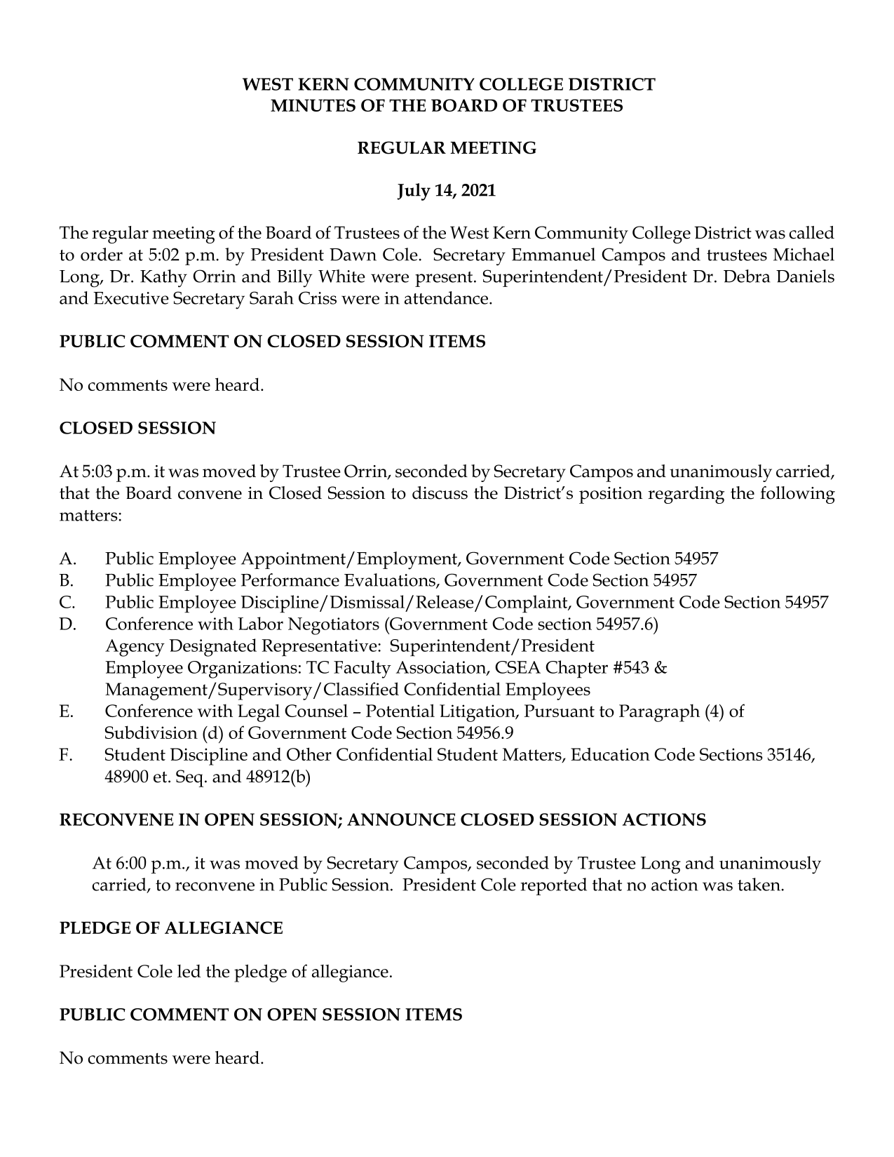 West Kern Community College District Board Of Trustees Meeting Minutes screenshot
