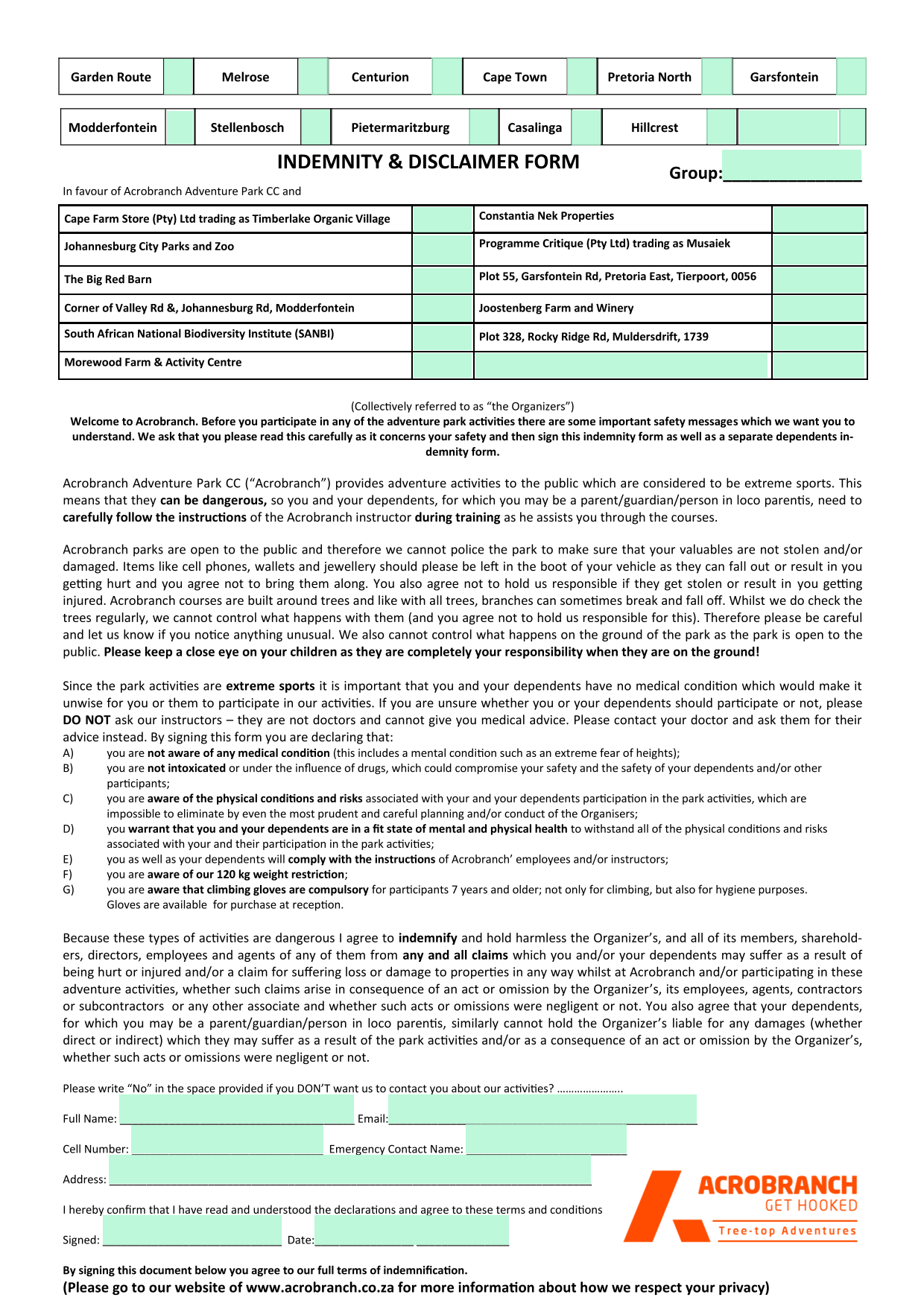 Acrobranch Adventure Park Indemnity Form screenshot