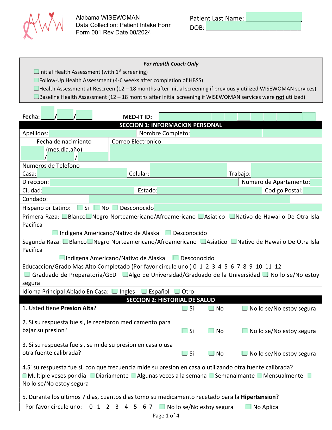 Alabama WISEWOMAN Data Collection Patient Intake Form screenshot