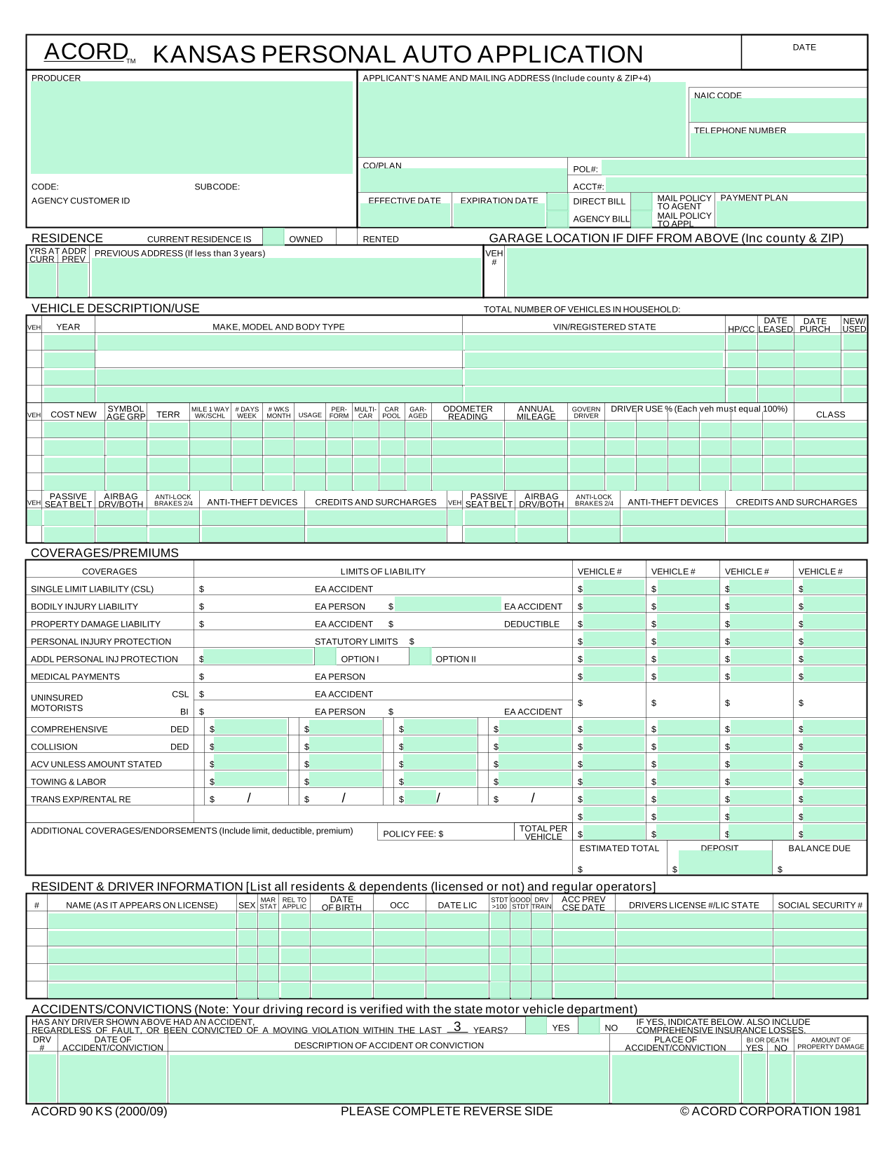 Auto Insurance Application Form screenshot