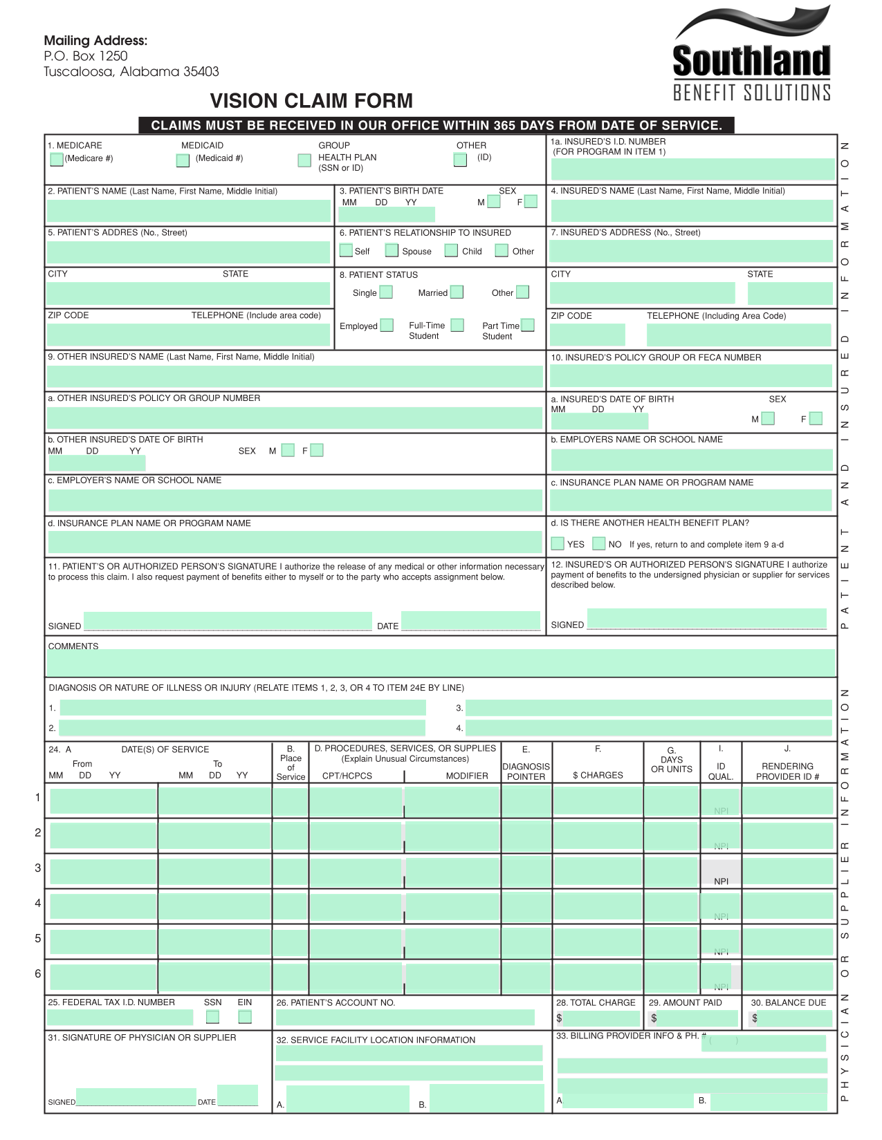VISION CLAIM FORM screenshot