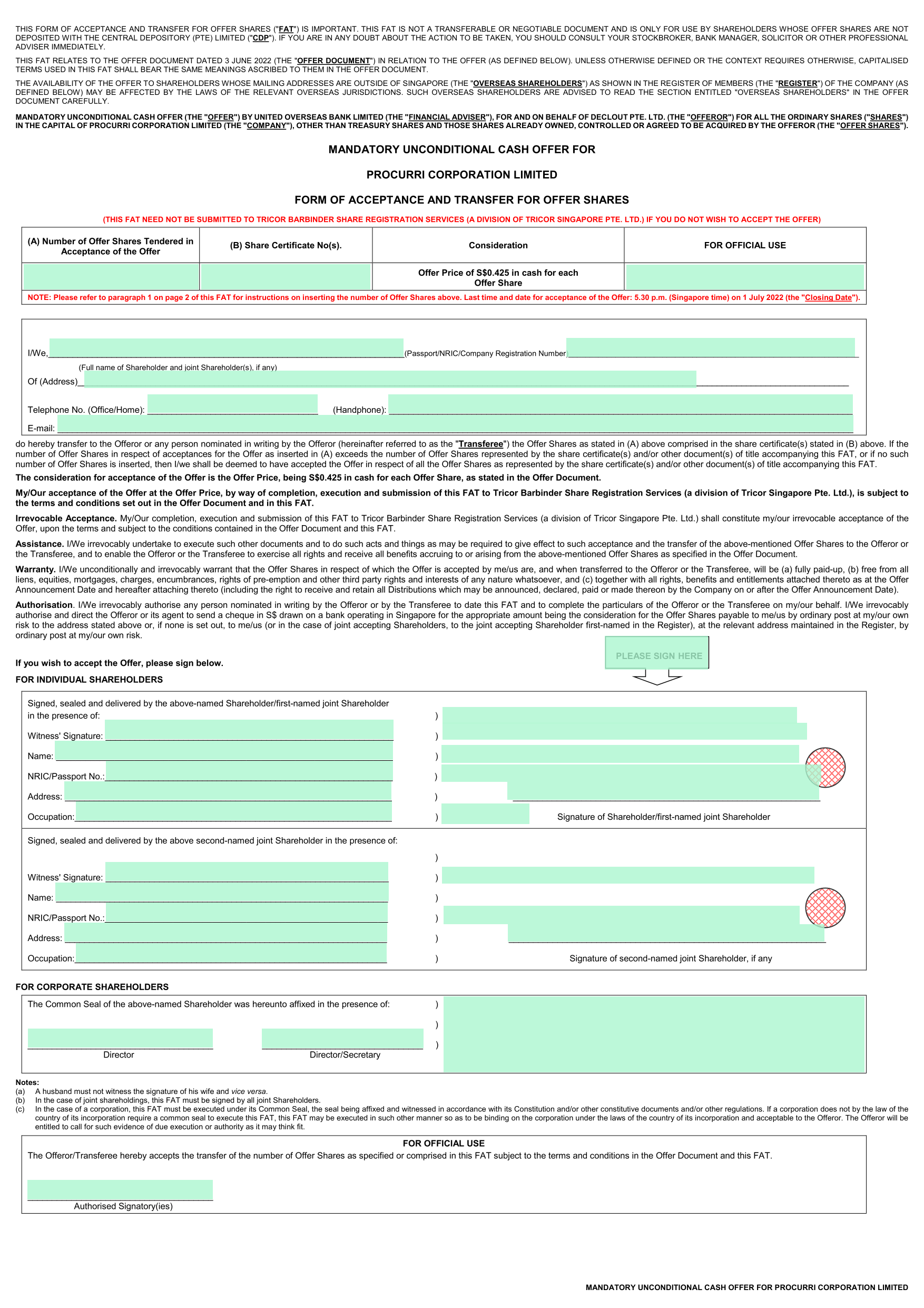 Form Of Acceptance And Transfer For Offer Shares screenshot