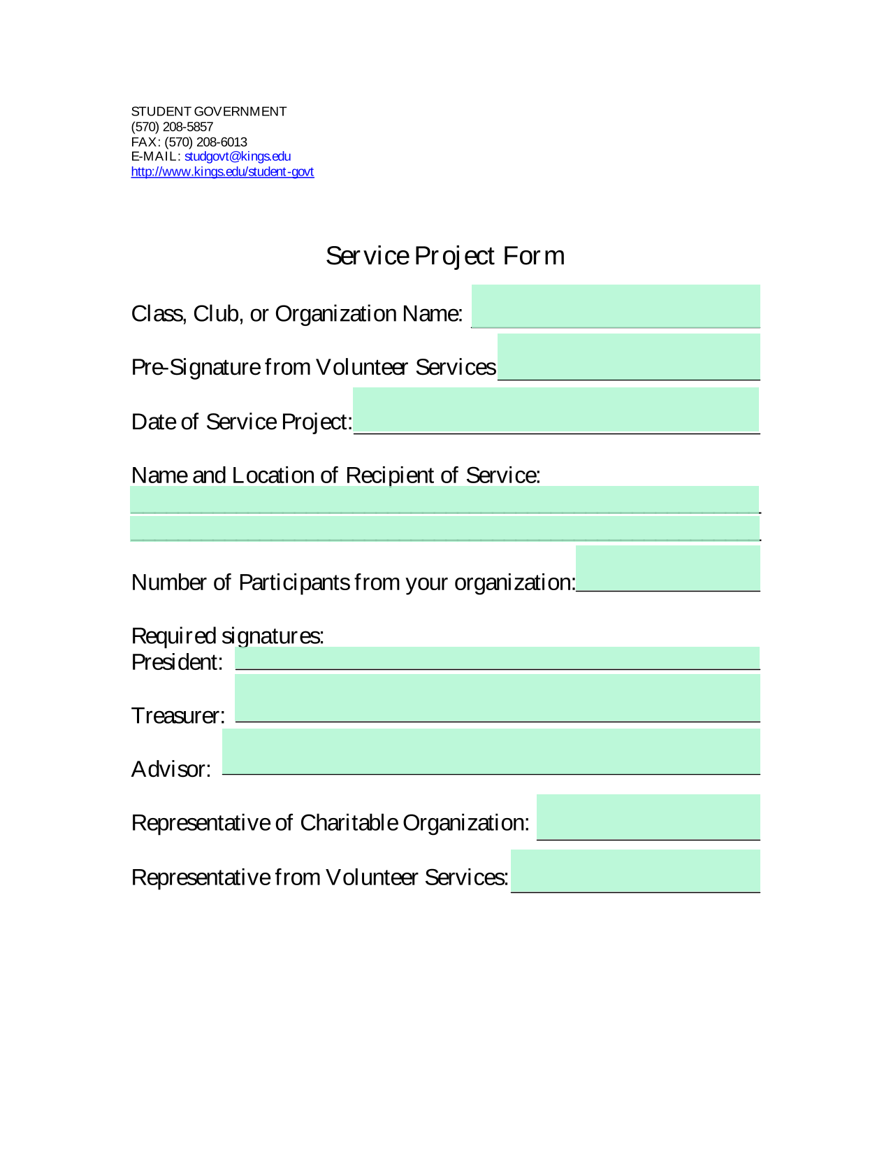 Service Project Form screenshot